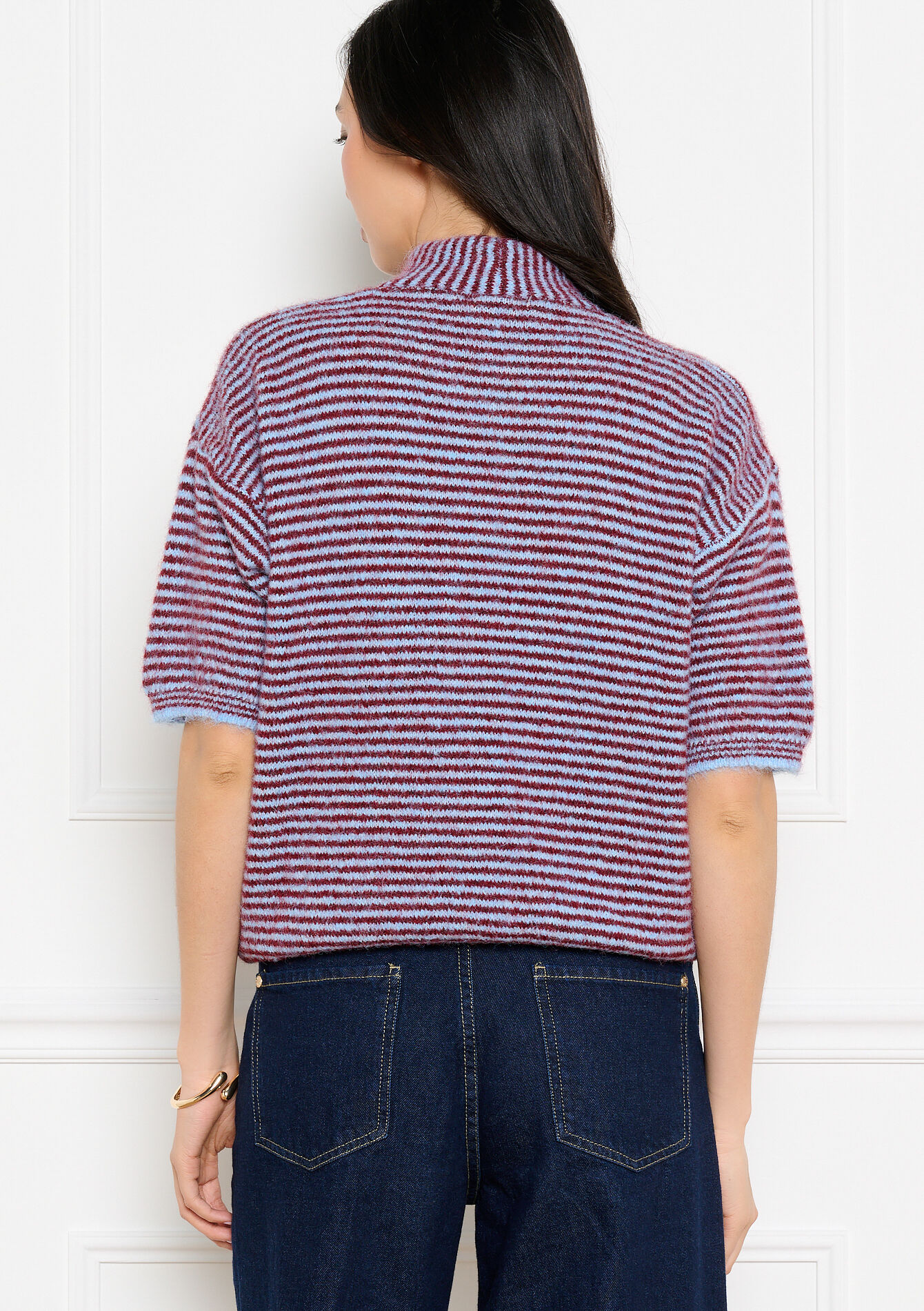 Gestreepte trui met korte mouwen - LT BLUE - 04007220_2519