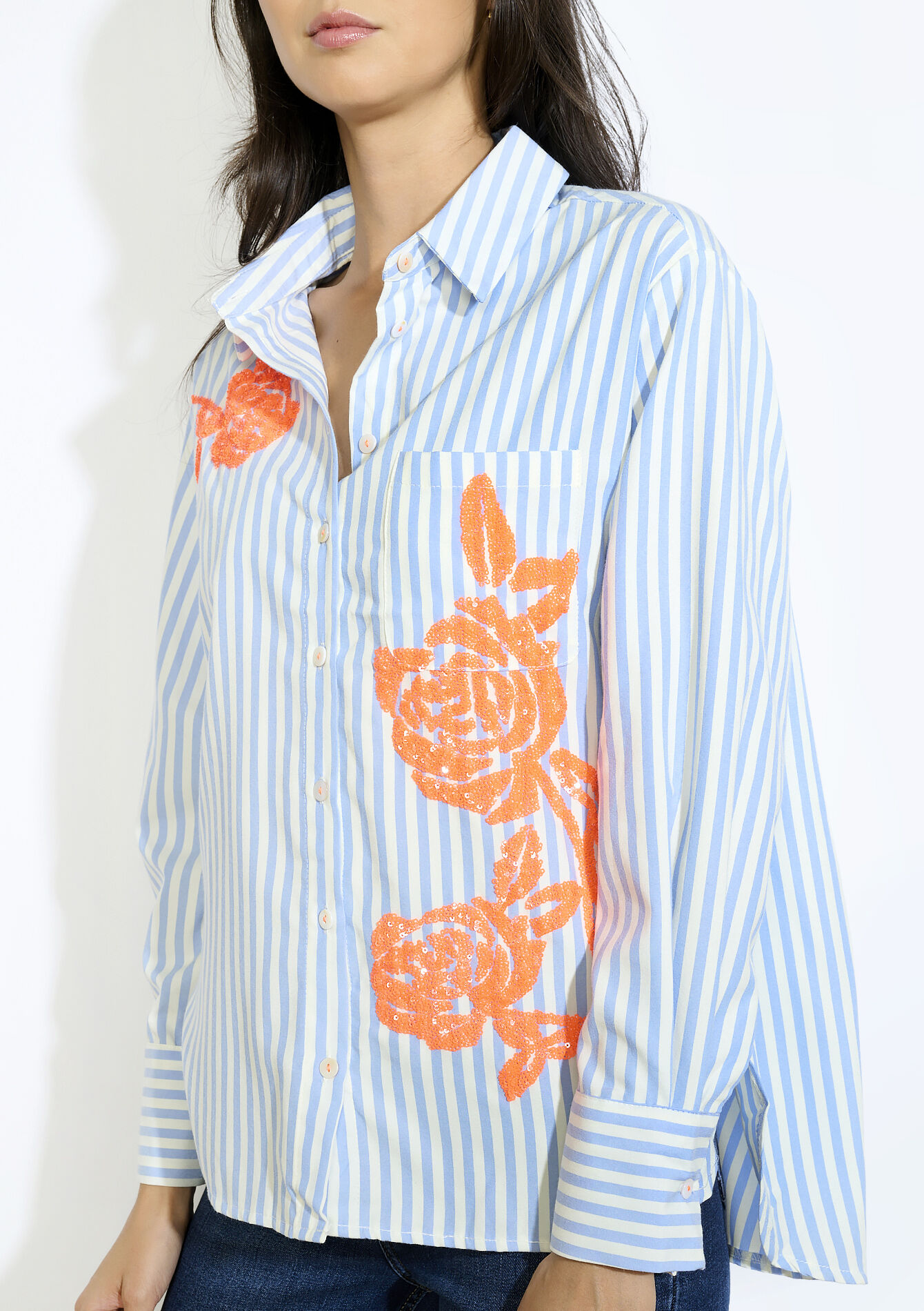 Chemise rayée brodée à sequins, Chemise rayée brodée à sequins - BLUE PASTEL - 05702903_3003