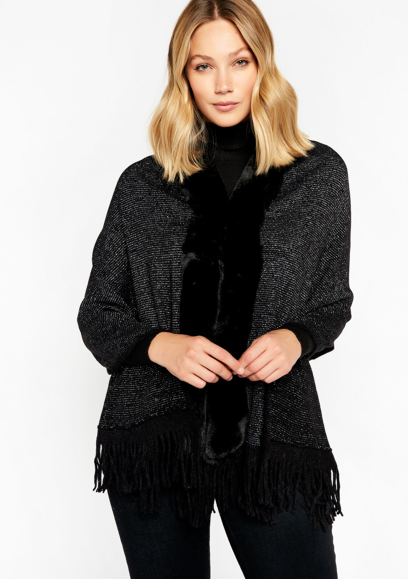 Poncho avec franges - BLACK - 1077996
