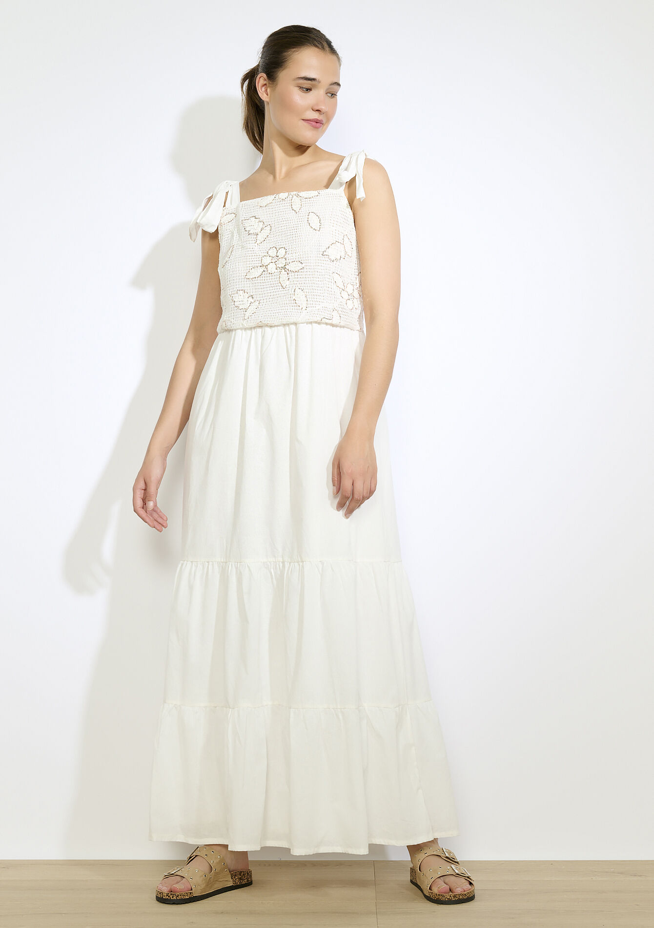 Robe longue à nouer aux épaules, Robe longue à nouer aux épaules - OFFWHITE - 08104193_1001