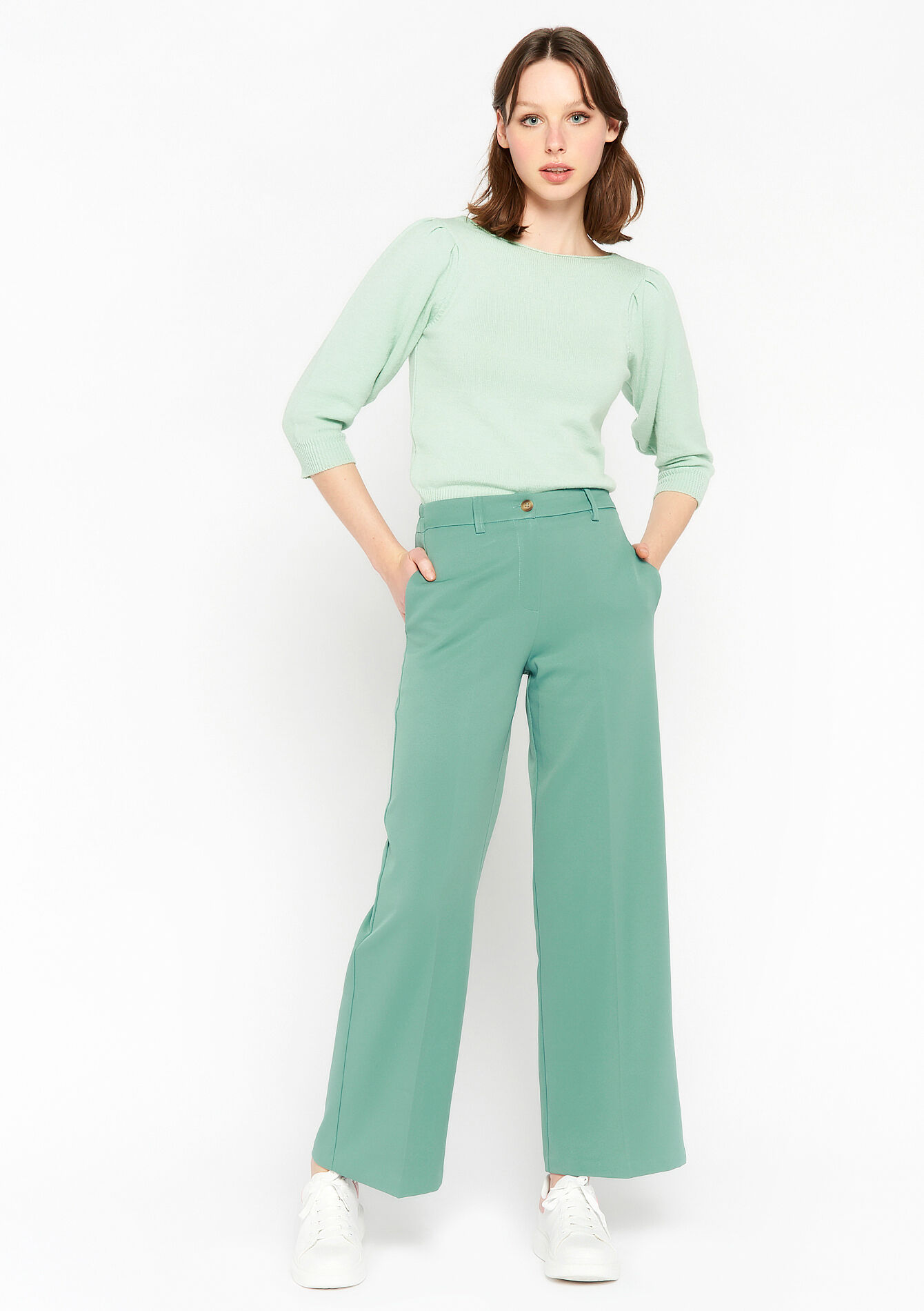 Wijde broek in keperstof, Wijde broek in keperstof - ALMOND GREEN - 06100501