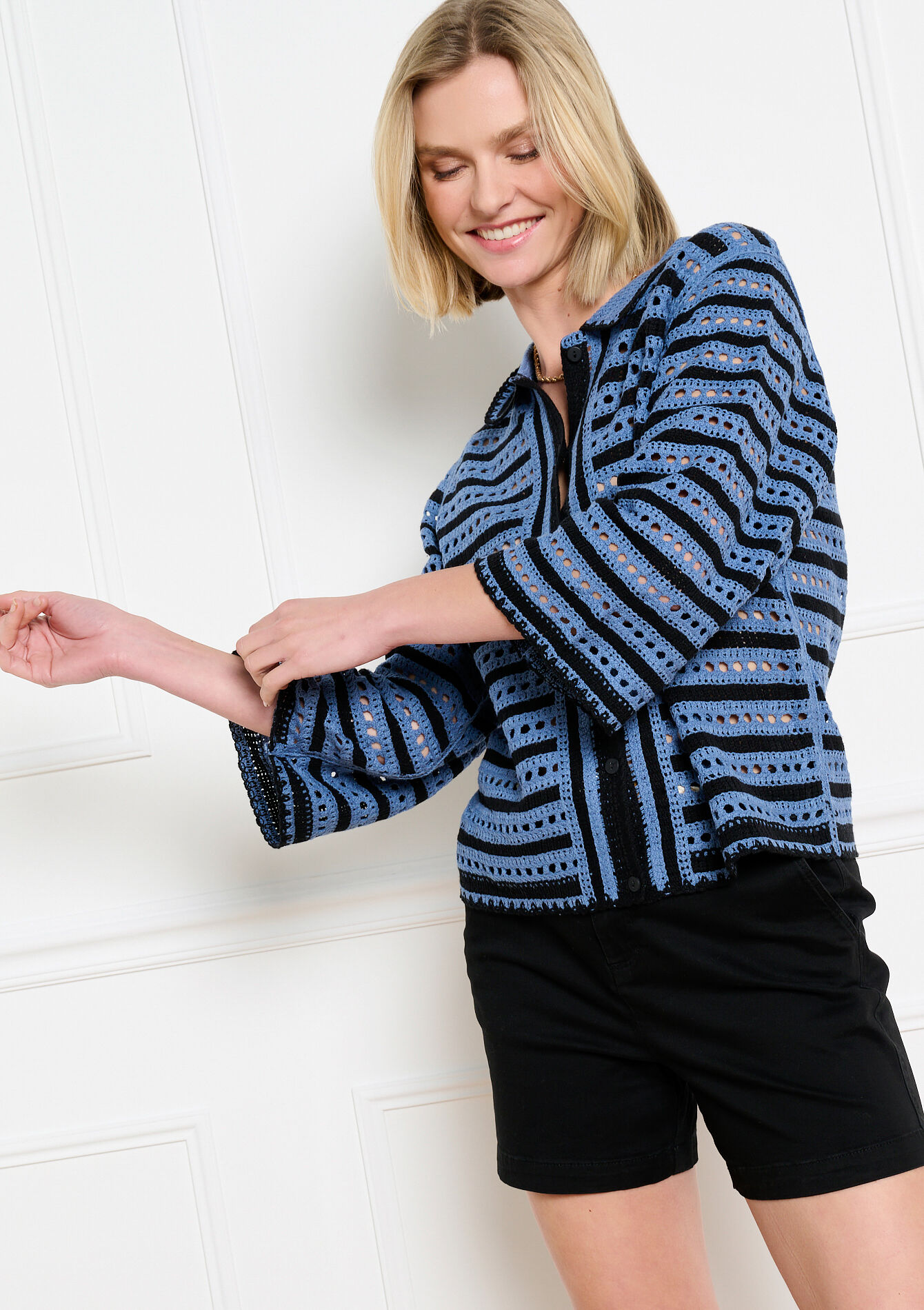 Ajoure gebreid cardigan - NAVY BASIC - 04101436_2723