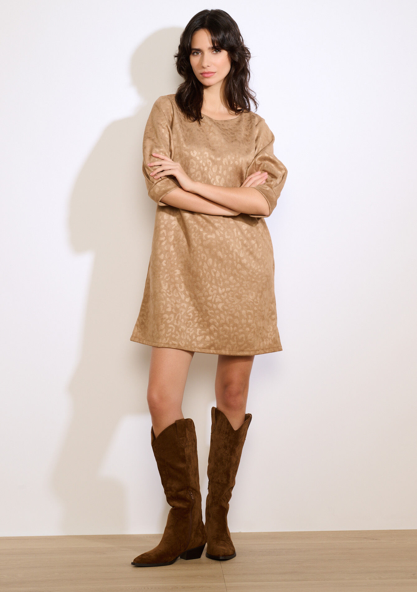 Robe droite en suédine léopard, Robe droite en suédine léopard - CAMEL GINGER - 08104384_3831