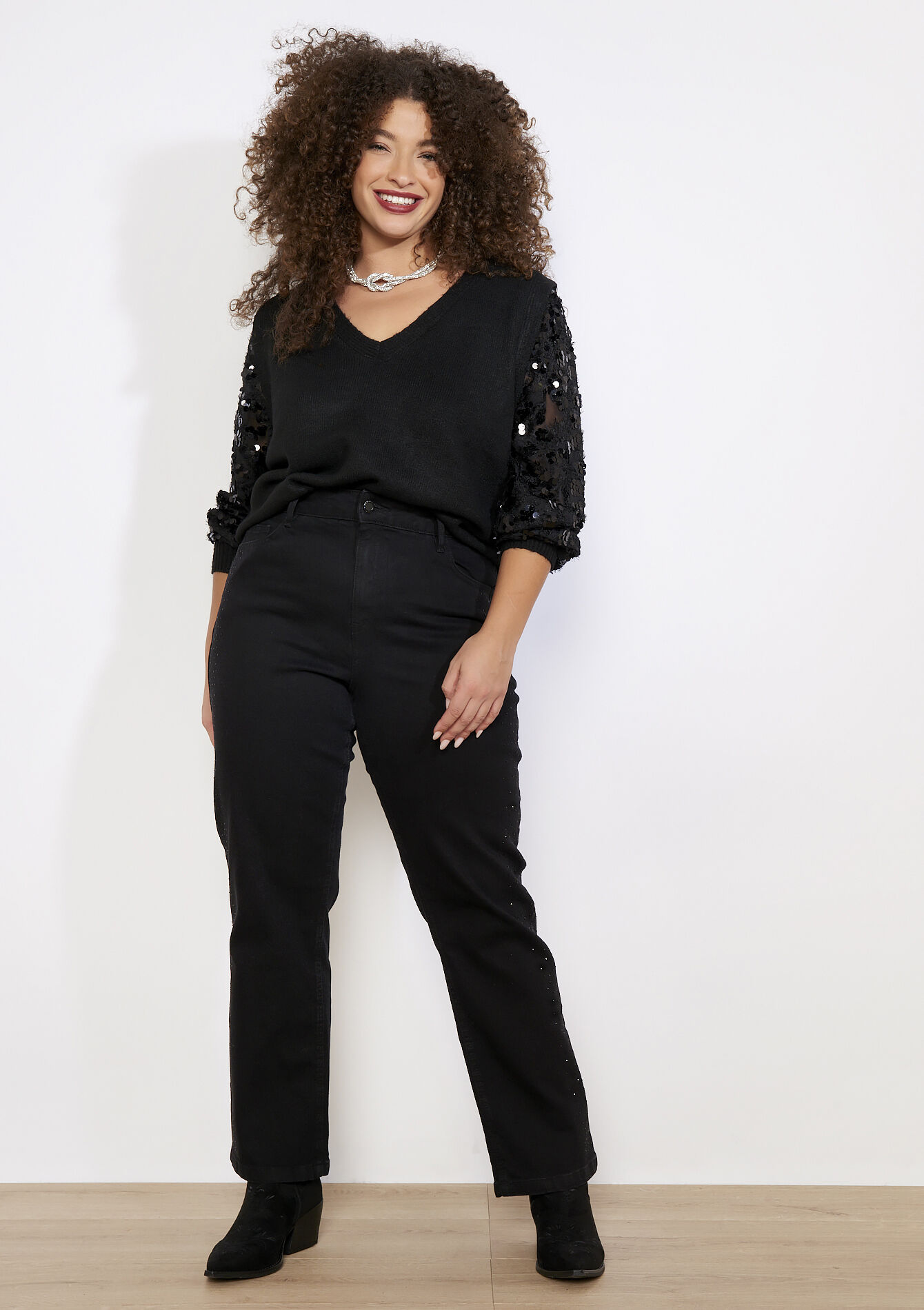 Rechte jeans hoge taille met strass, Rechte jeans hoge taille met strass, , back