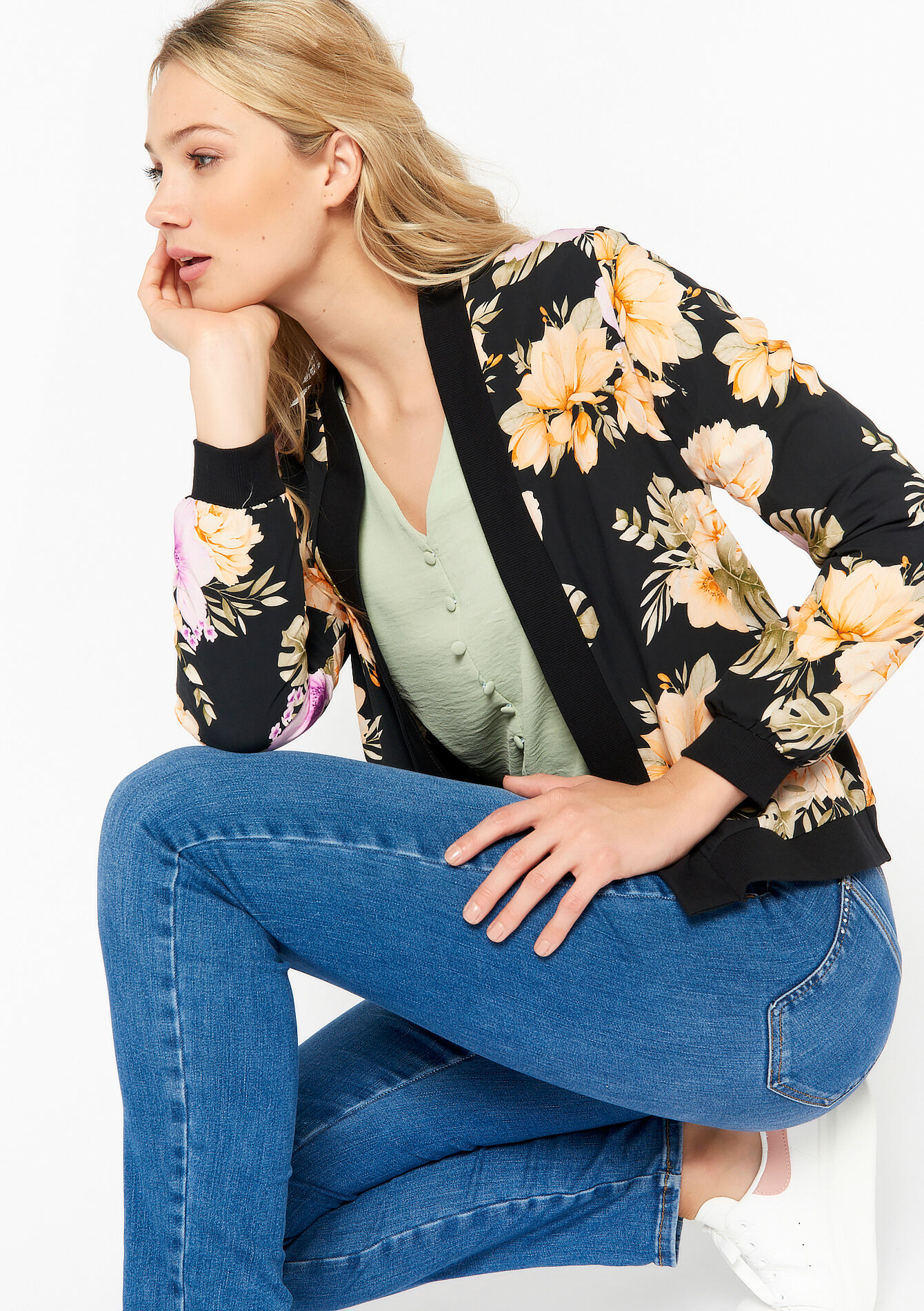 Veste fluide à imprimé fleuri, Veste fluide à imprimé fleuri - BLACK - 09100737_1119