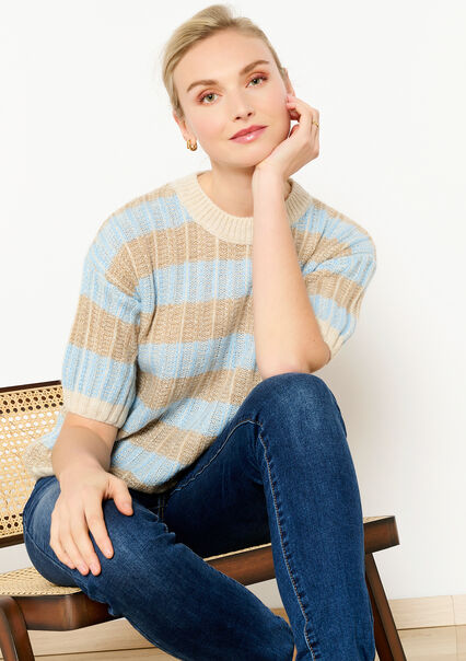 Ribbed pullover with short sleeves - BLUE PASTEL - 04006465_3003
