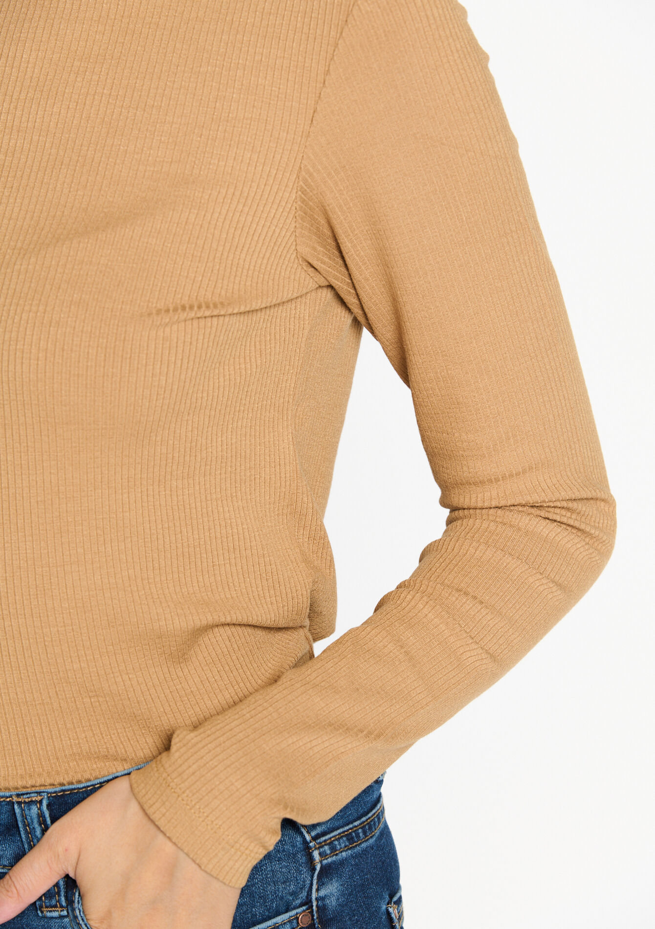 Ribbed T-shirt with collar - CAMEL GINGER - 02400256_3831