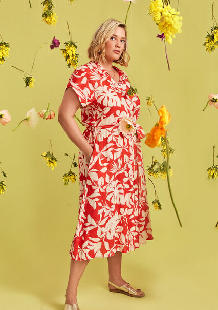 Linen dress with tropical print - ORANGE BRIGHT - 08602000_1255
