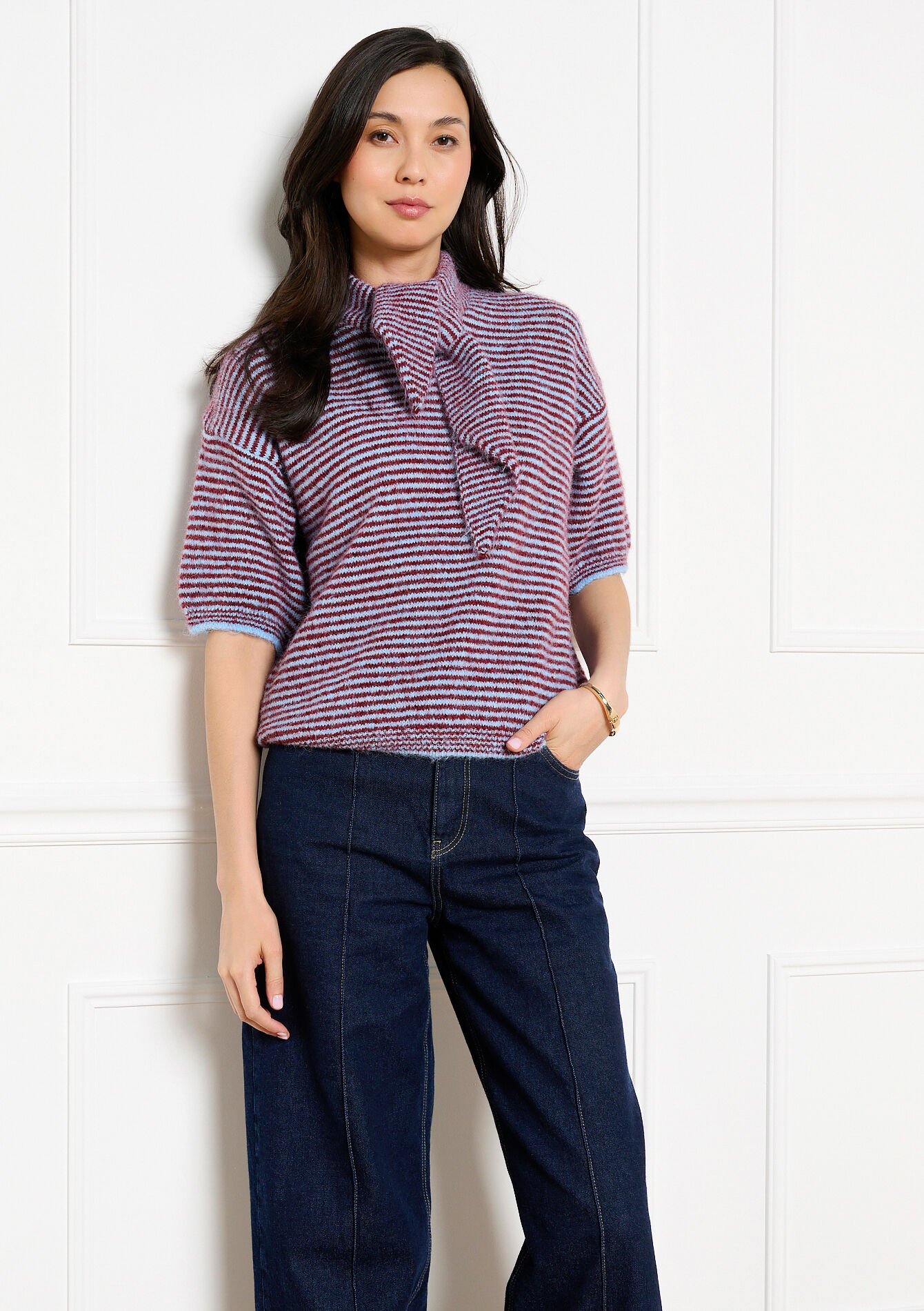 Gestreepte trui met korte mouwen - LT BLUE - 04007220_2519