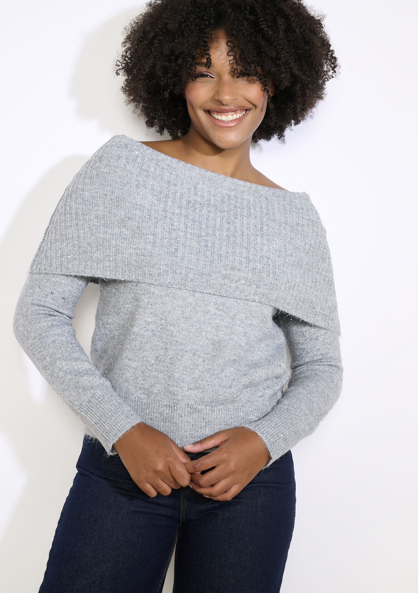 Off-shoulder sequin sweater - GREY MED MEL - 04006933