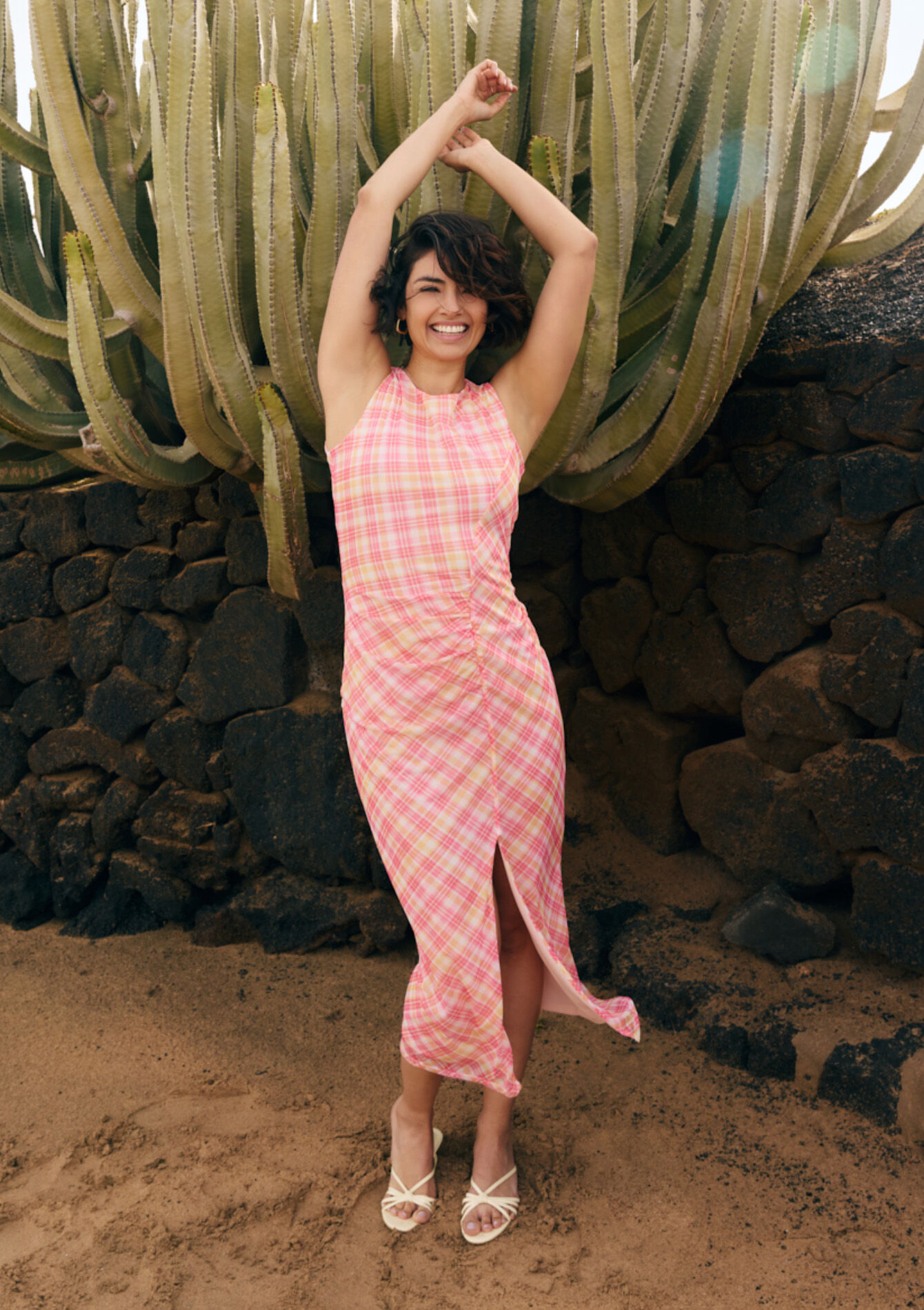 Geruite mesh midi jurk, , hi-res