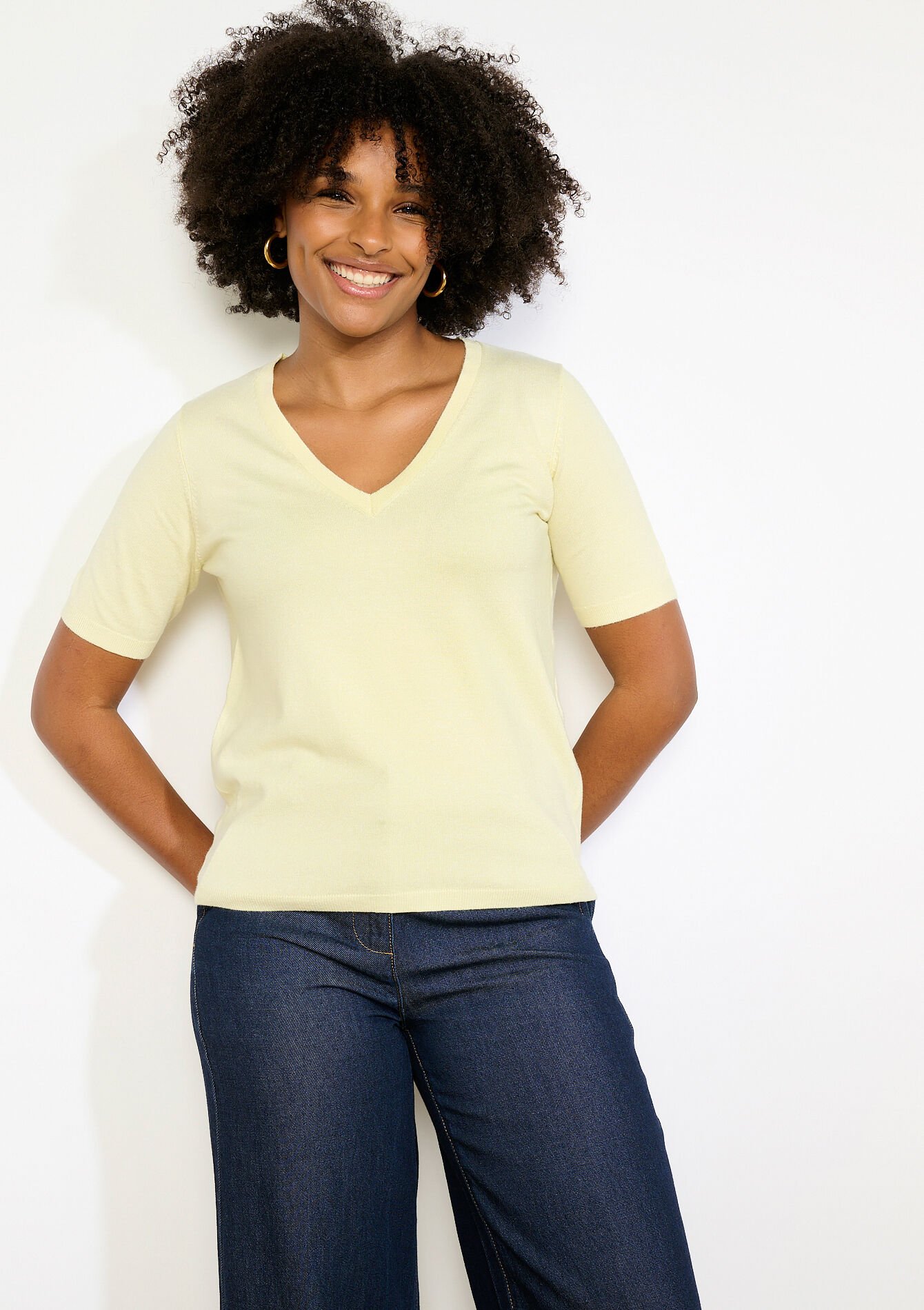 Korte mouwen V-hals top - YELLOW PASTEL - 04007025_5004