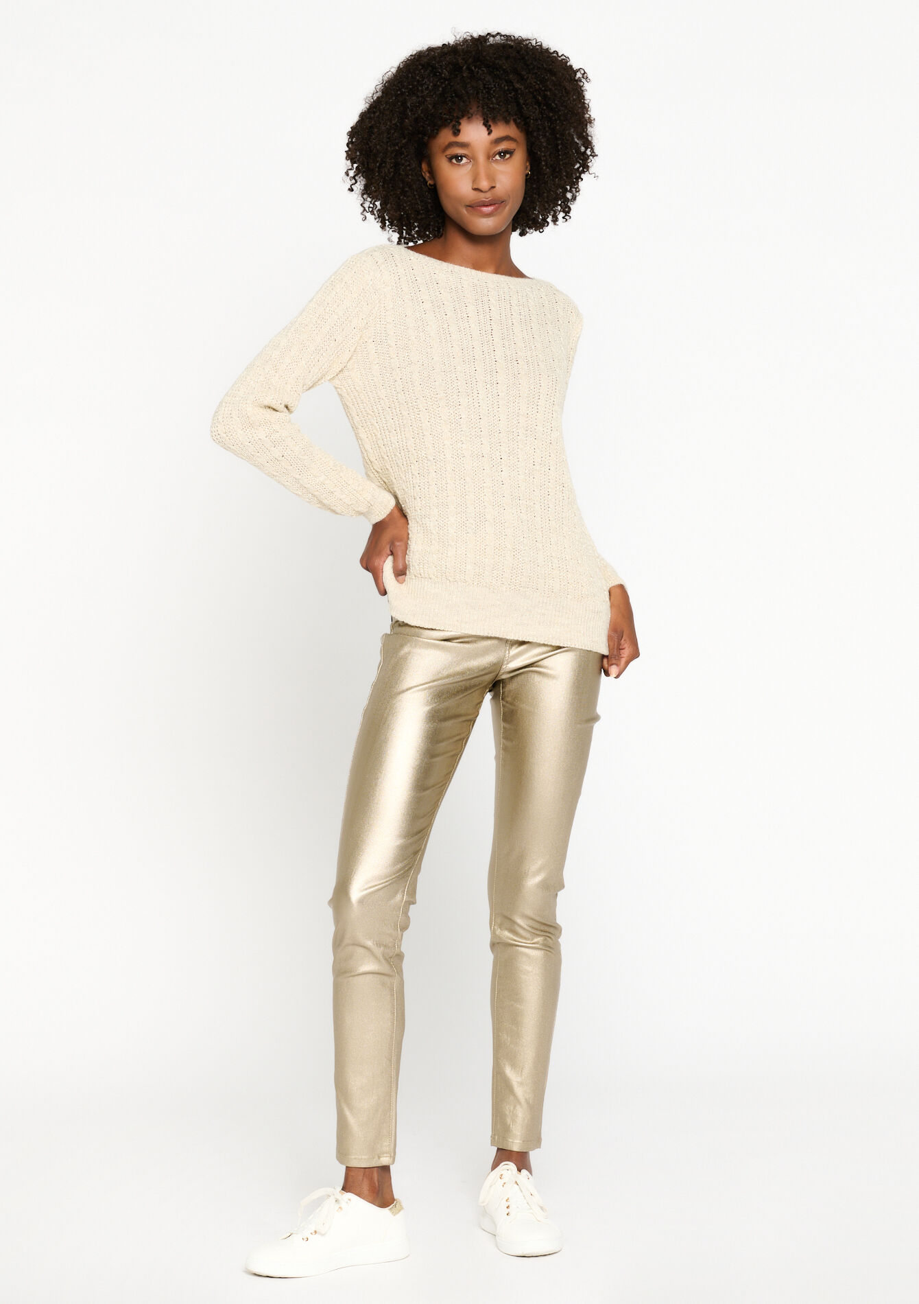 Cable-knitted pullover with lurex, Cable-knitted pullover with lurex - LT BEIGE - 04006329_2527
