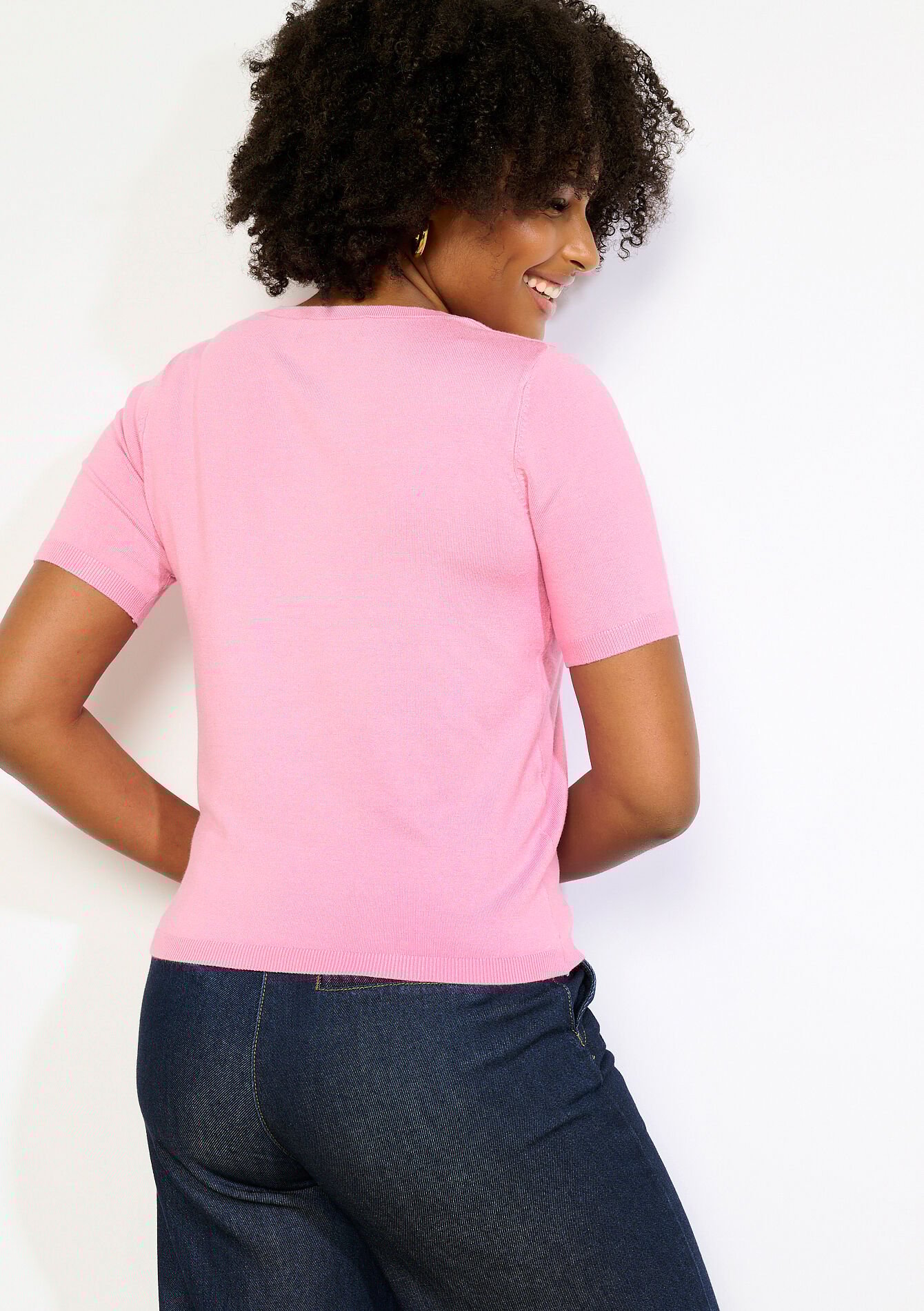 Pull col V manches courtes - PINK BUBBLEGUM - 04007025_1477