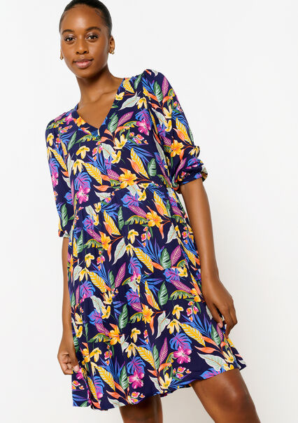 Short dress with hibiscus print - NAVY BASIC - 08103439_2723