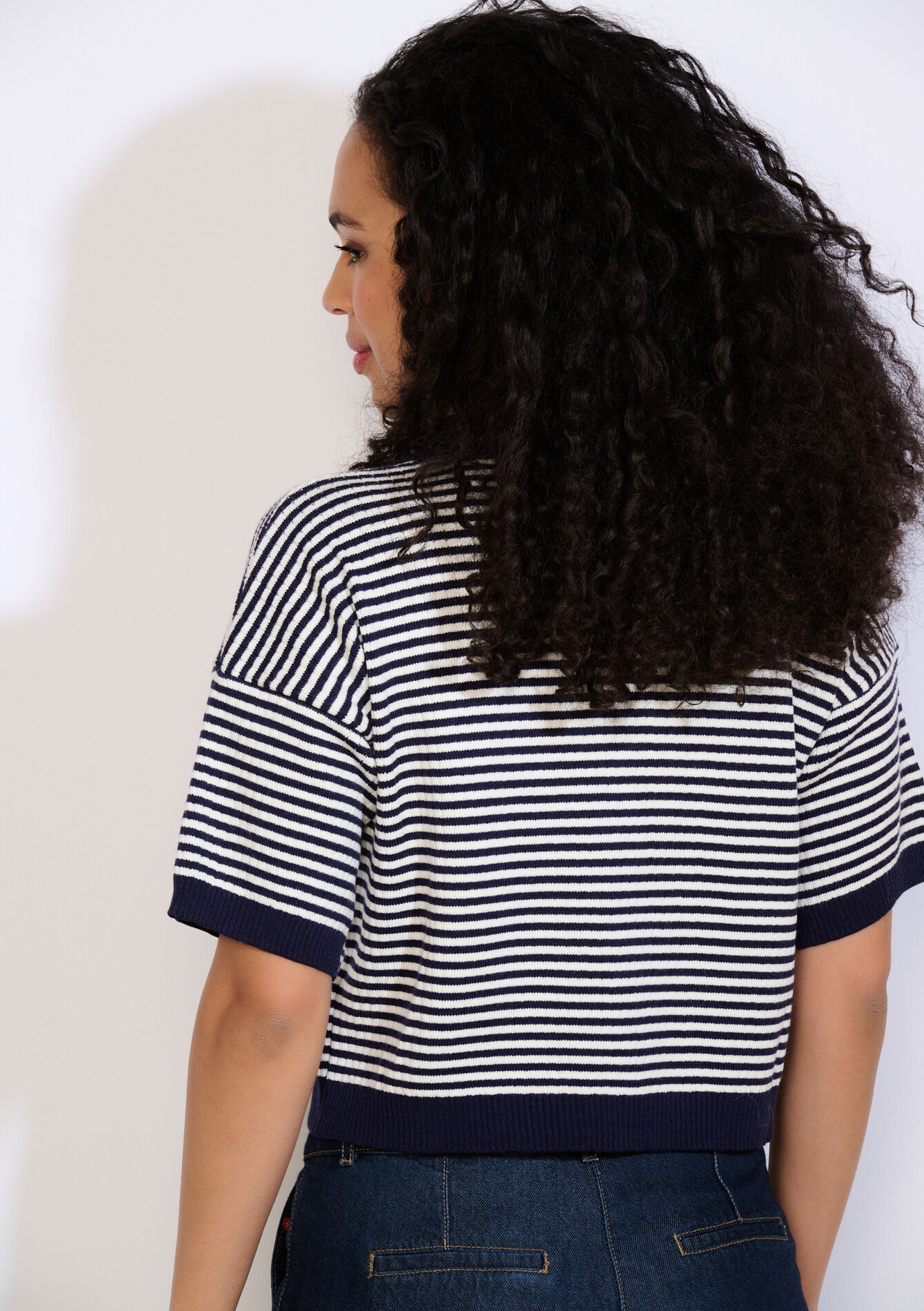Cropped striped knit polo - NAVY BASIC - 04007218_2723