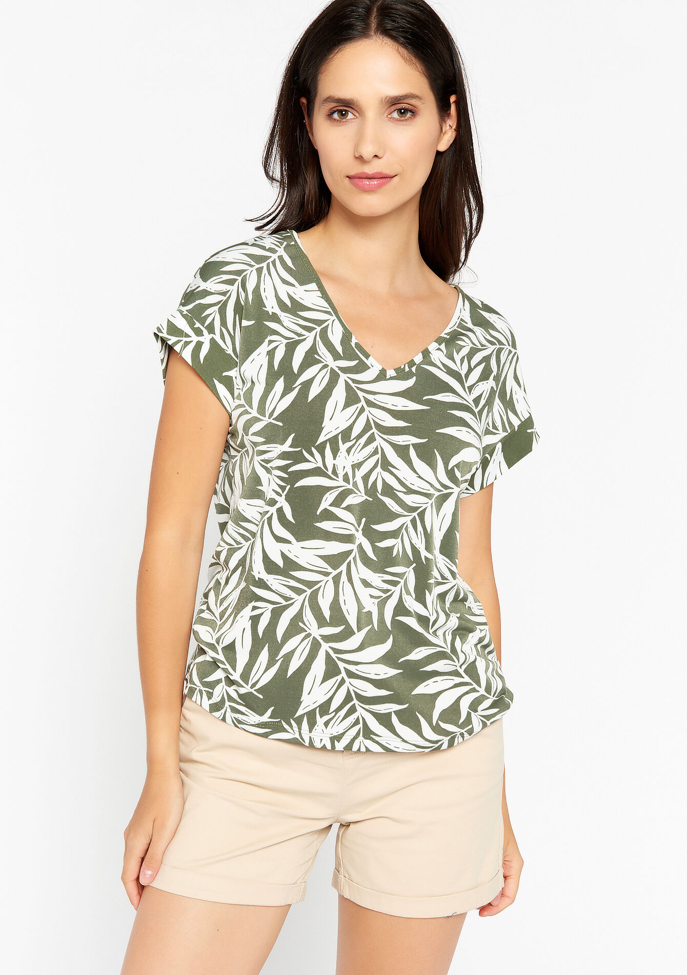 T-shirt met bladerprint - KHAKI MINT - 02301470_2542