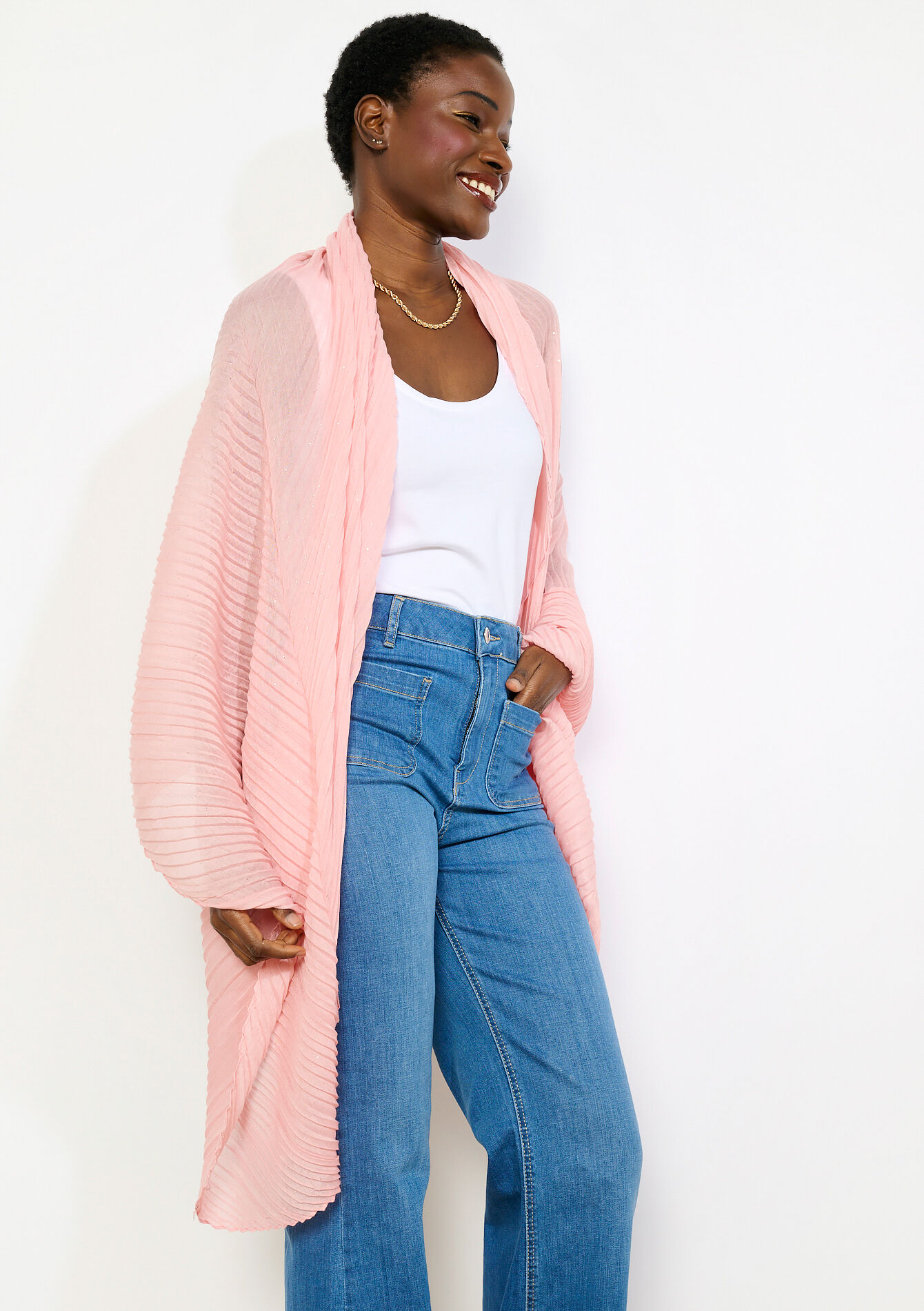 Plissé sjaal met glansdraad, Plissé sjaal met glansdraad - CORAL PINK - 17101541_1968