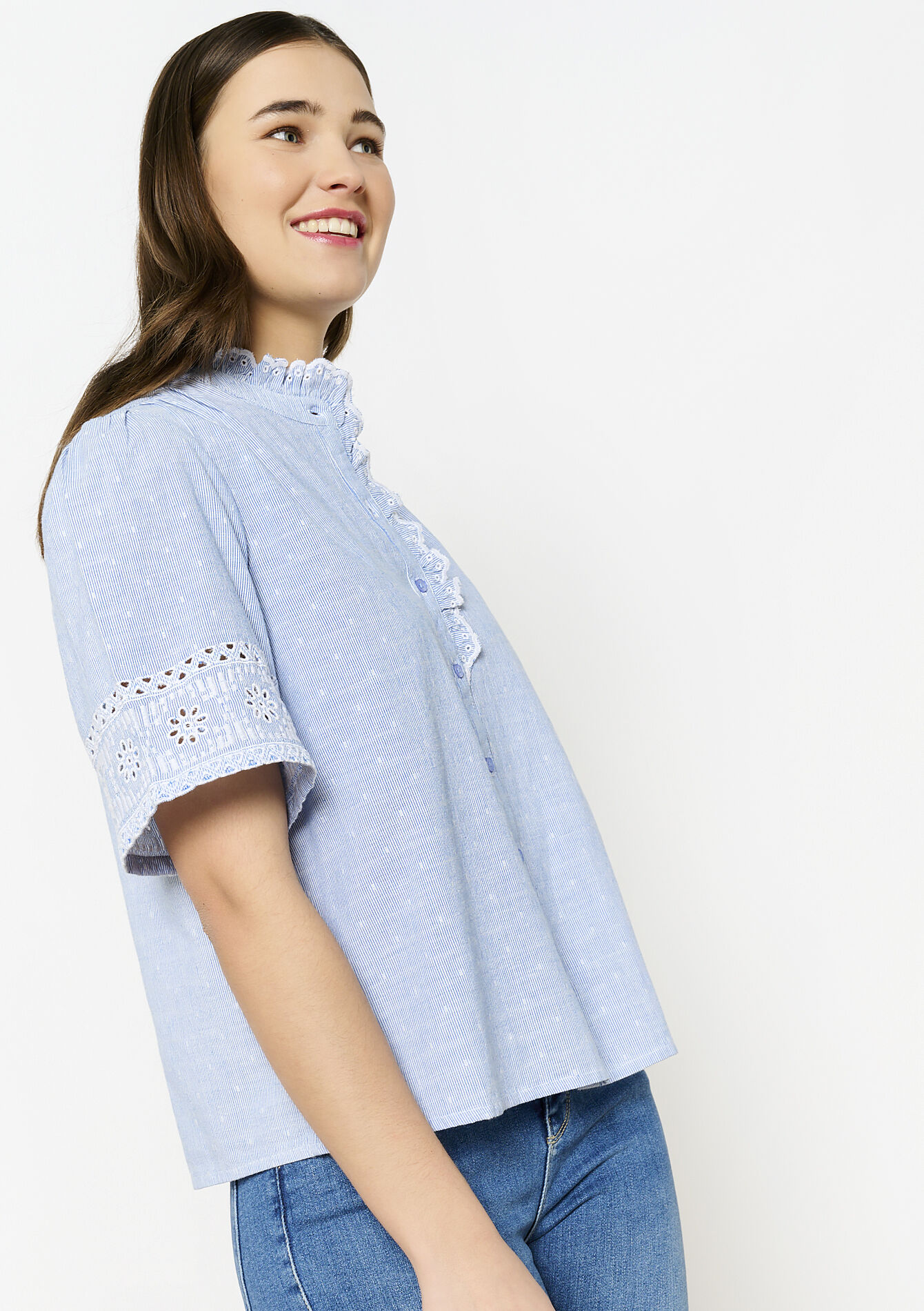 Embroidered cotton blouse, Embroidered cotton blouse - BLUE PASTEL - 1114609