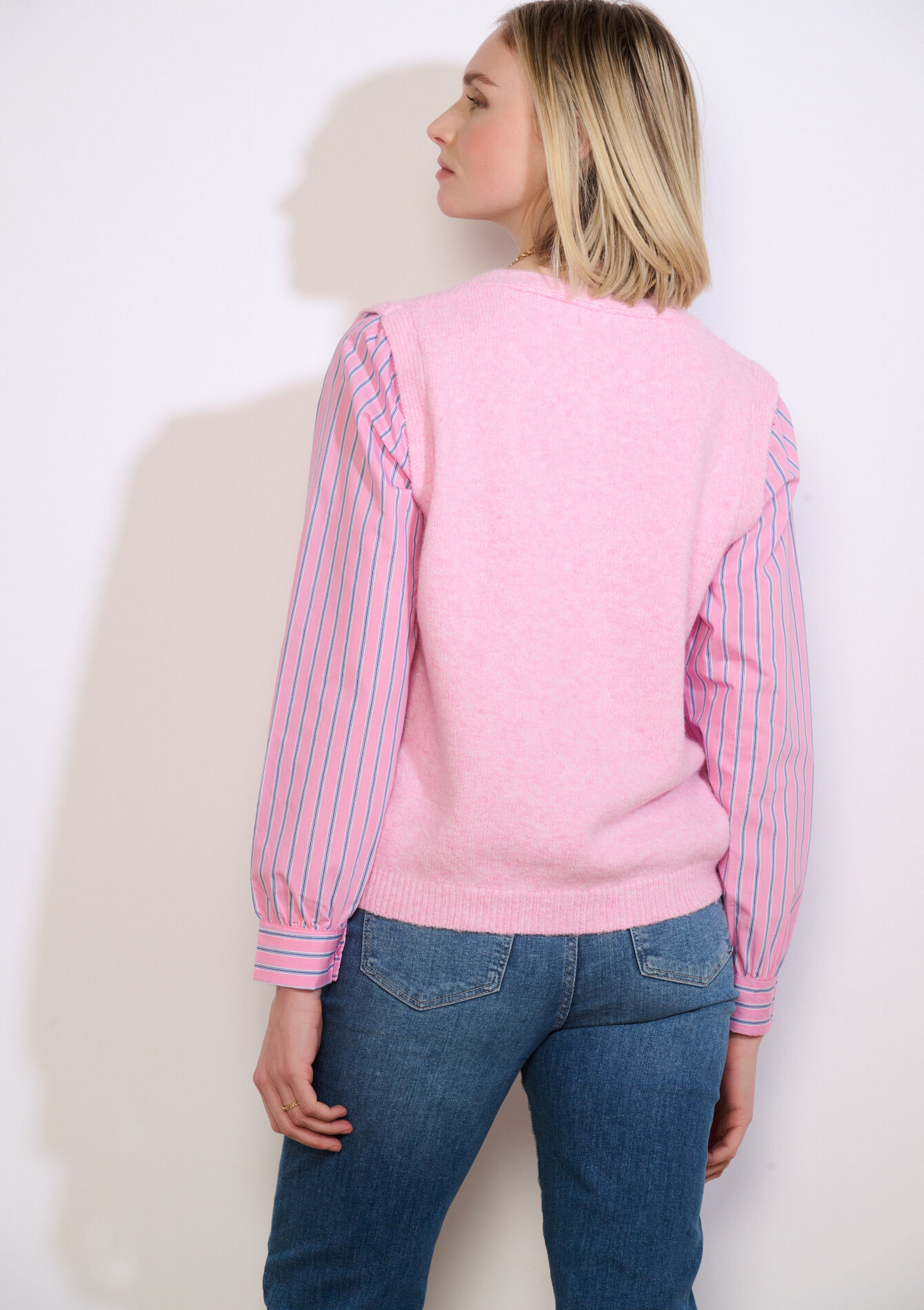 Trui met poplin laagjeslook - PINK BUBBLEGUM - 04007167
