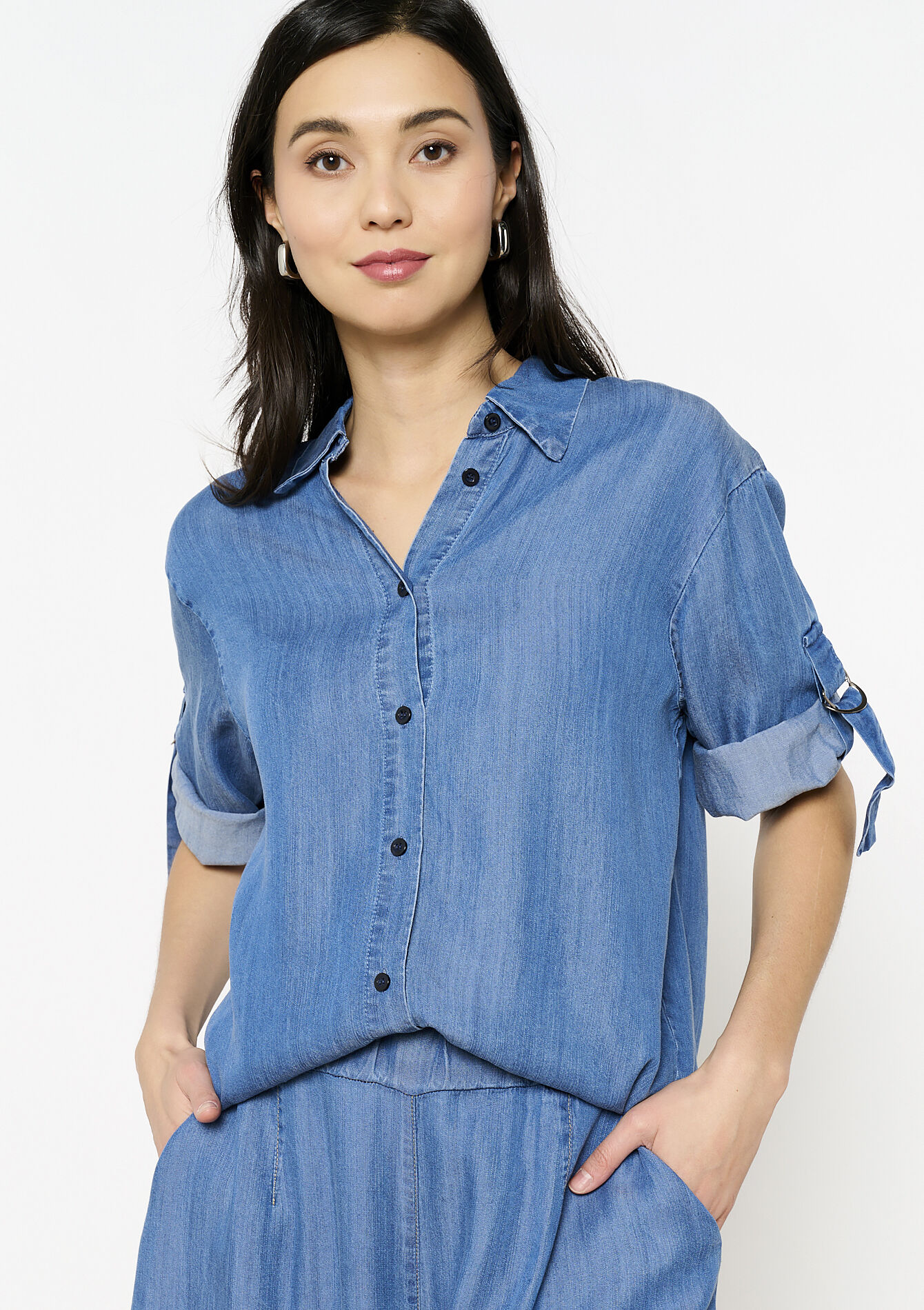 Short shirt with denim look - MEDIUM BLUE - 05702775_0500