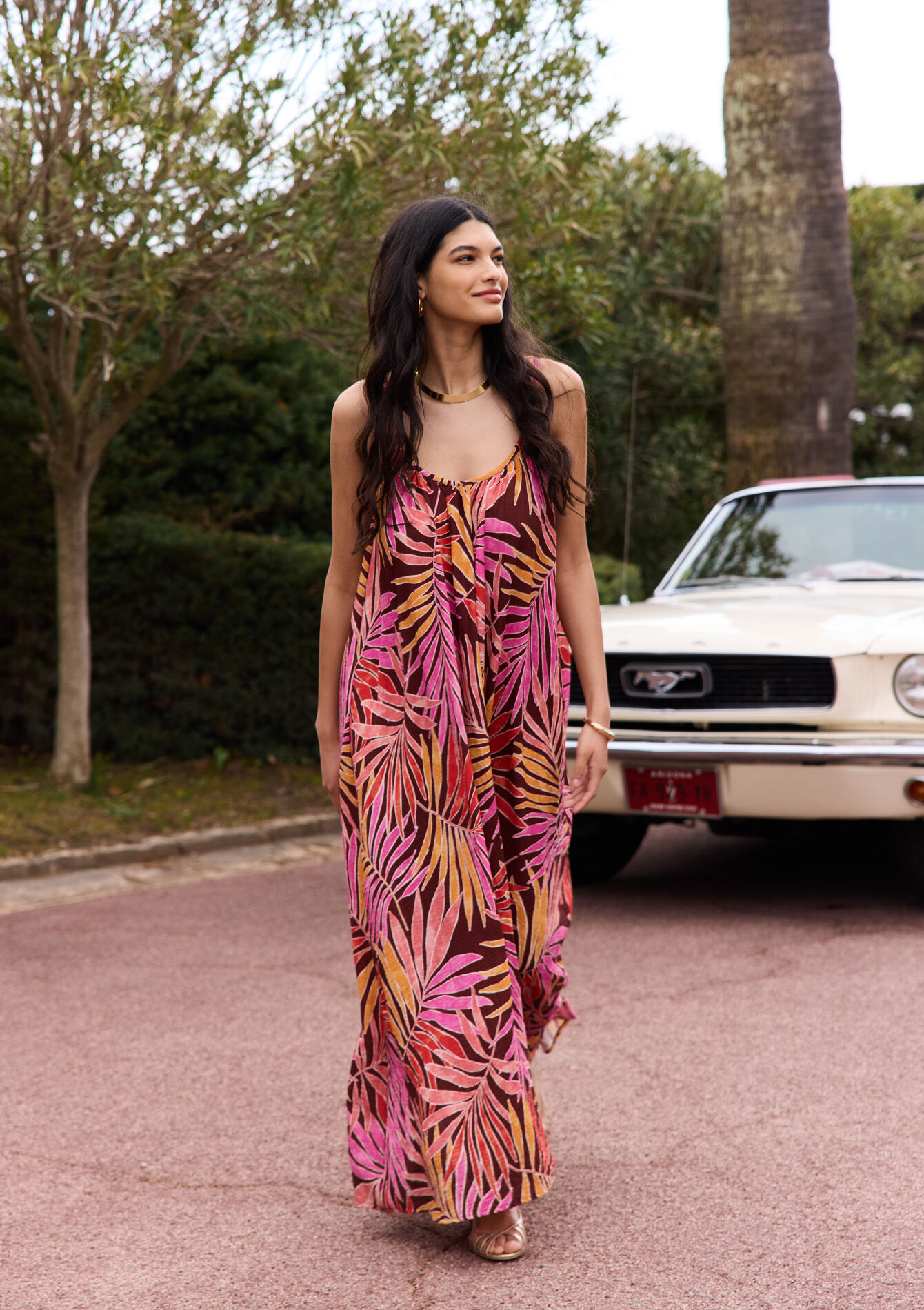 Jurk met tropische print, Jurk met tropische print - BROWN DARK CHOCOLATE - 08104112