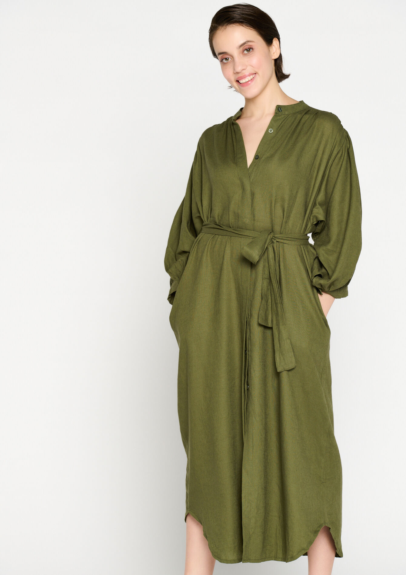 Robe en lin avec manches ballon - KHAKI FADED - 08602165_4326