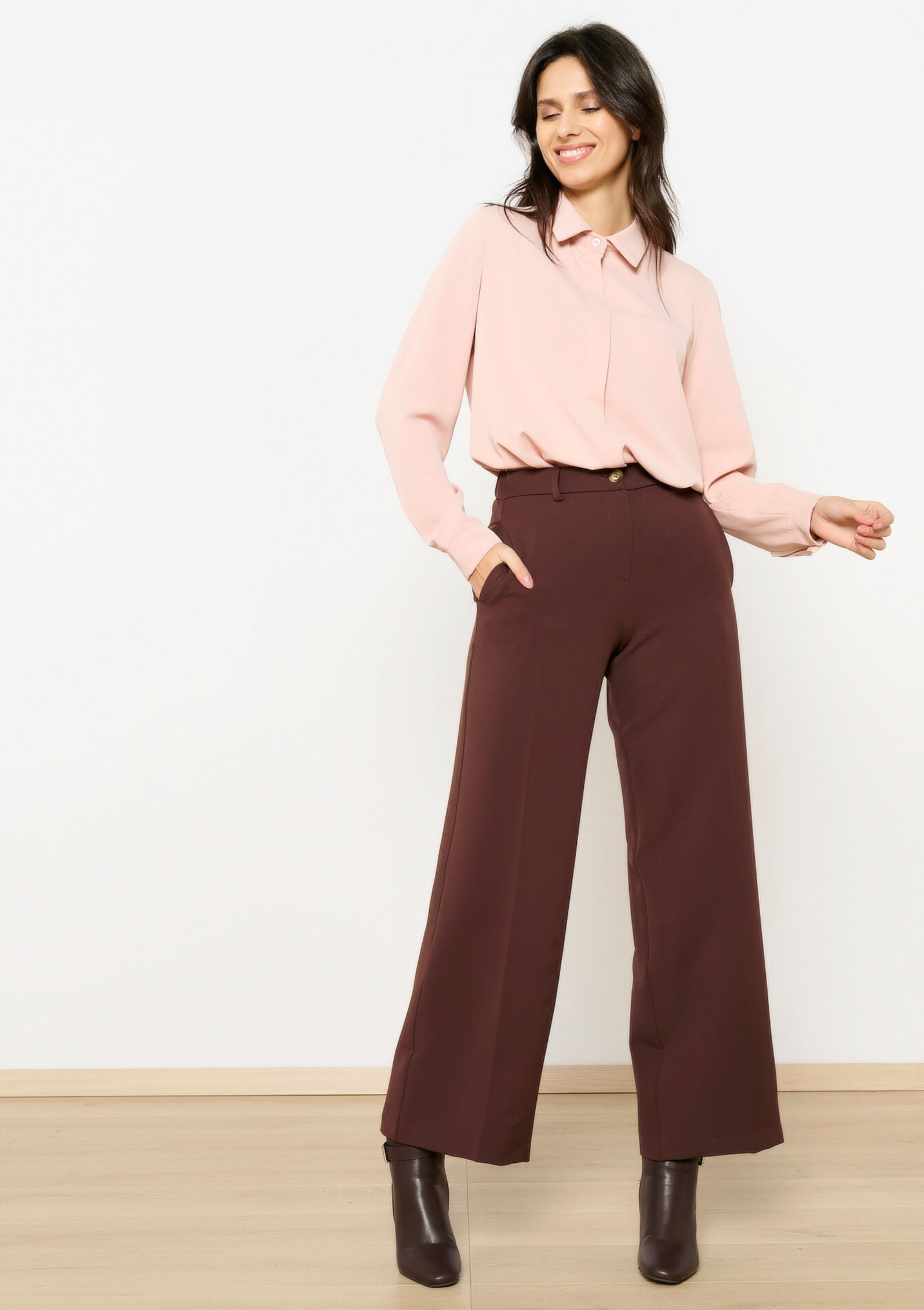 Wide leg broek in twill, Wide leg broek in twill - BROWN DARK CHOCOLATE - 06600957_3720