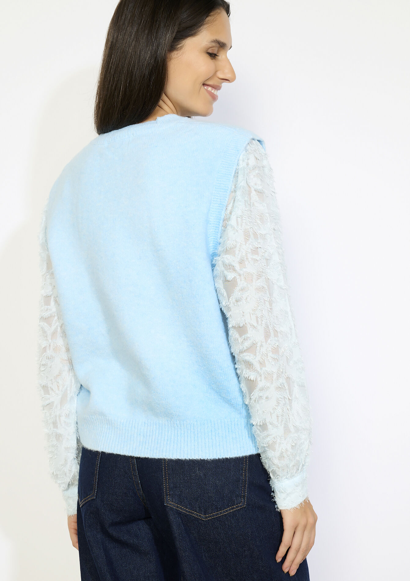 Gebreid vest met kantmouwen, Gebreid vest met kantmouwen - LT BLUE - 04007056