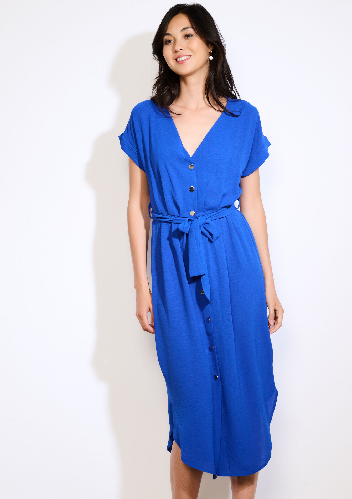 Robe boutonnée ceinturée, Robe boutonnée ceinturée - ELECTRIC BLUE - 1137045