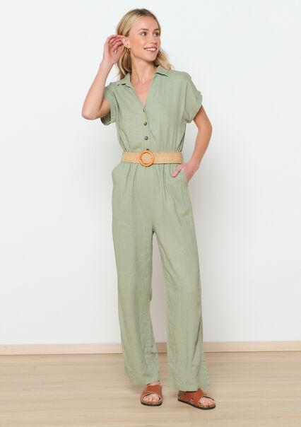 Linen jumpsuit with belt - KHAKI FADED - 06004464_4326