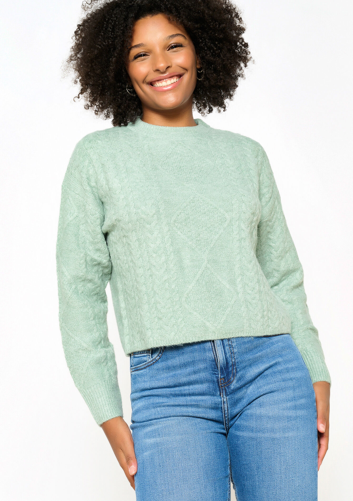 Kabelgebreide trui, Kabelgebreide trui - MINT GREEN - 04006575_1723
