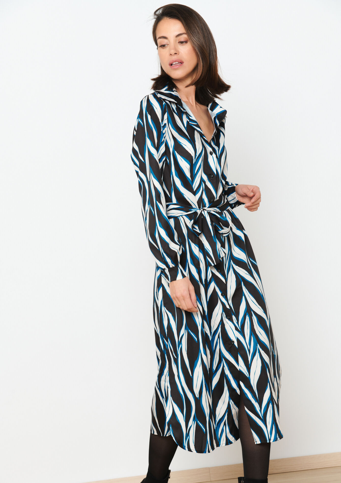 Robe-chemise à imprimé feuilles - BLACK - 08103476_1119