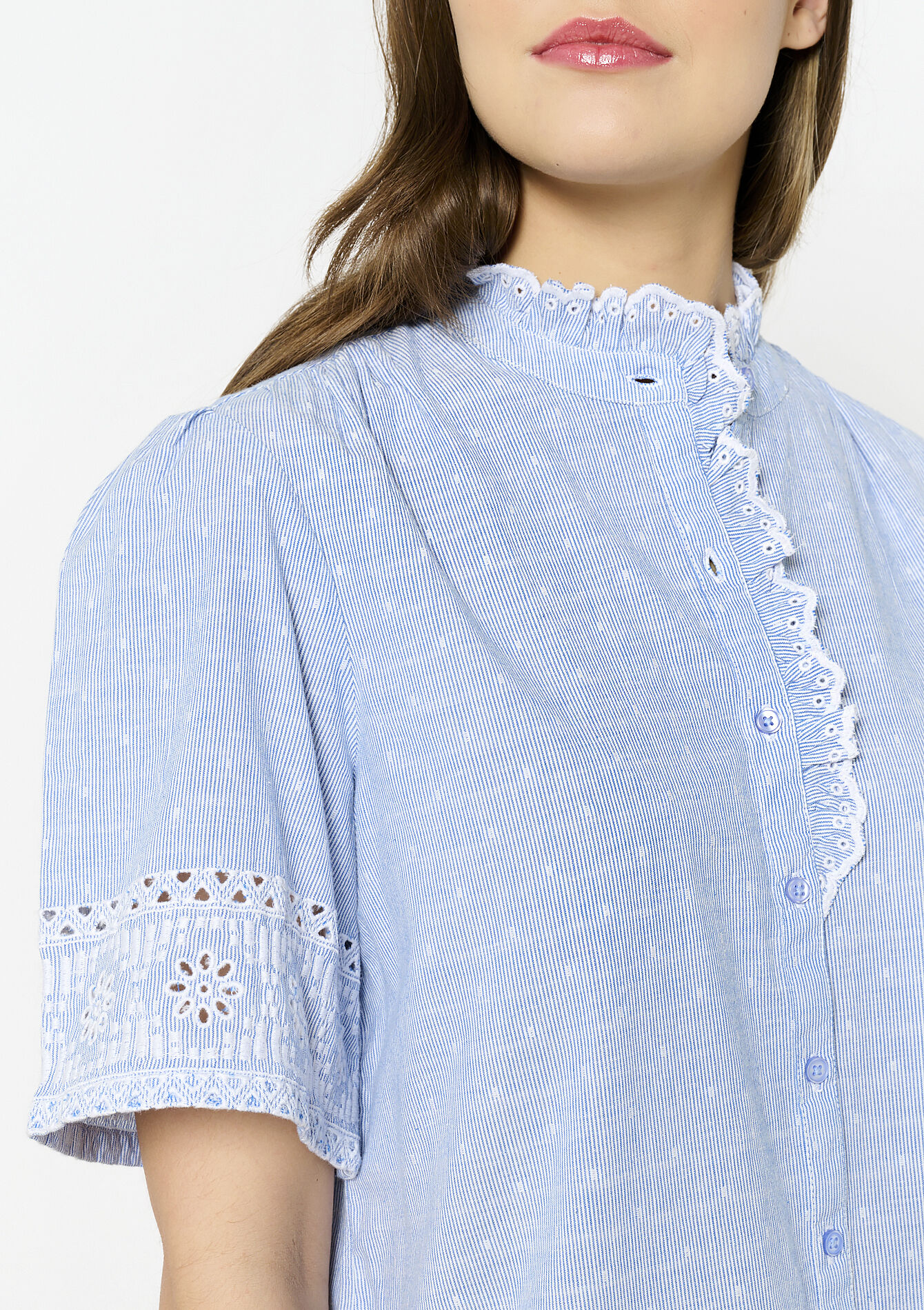 Embroidered cotton blouse, Embroidered cotton blouse - BLUE PASTEL - 1114609