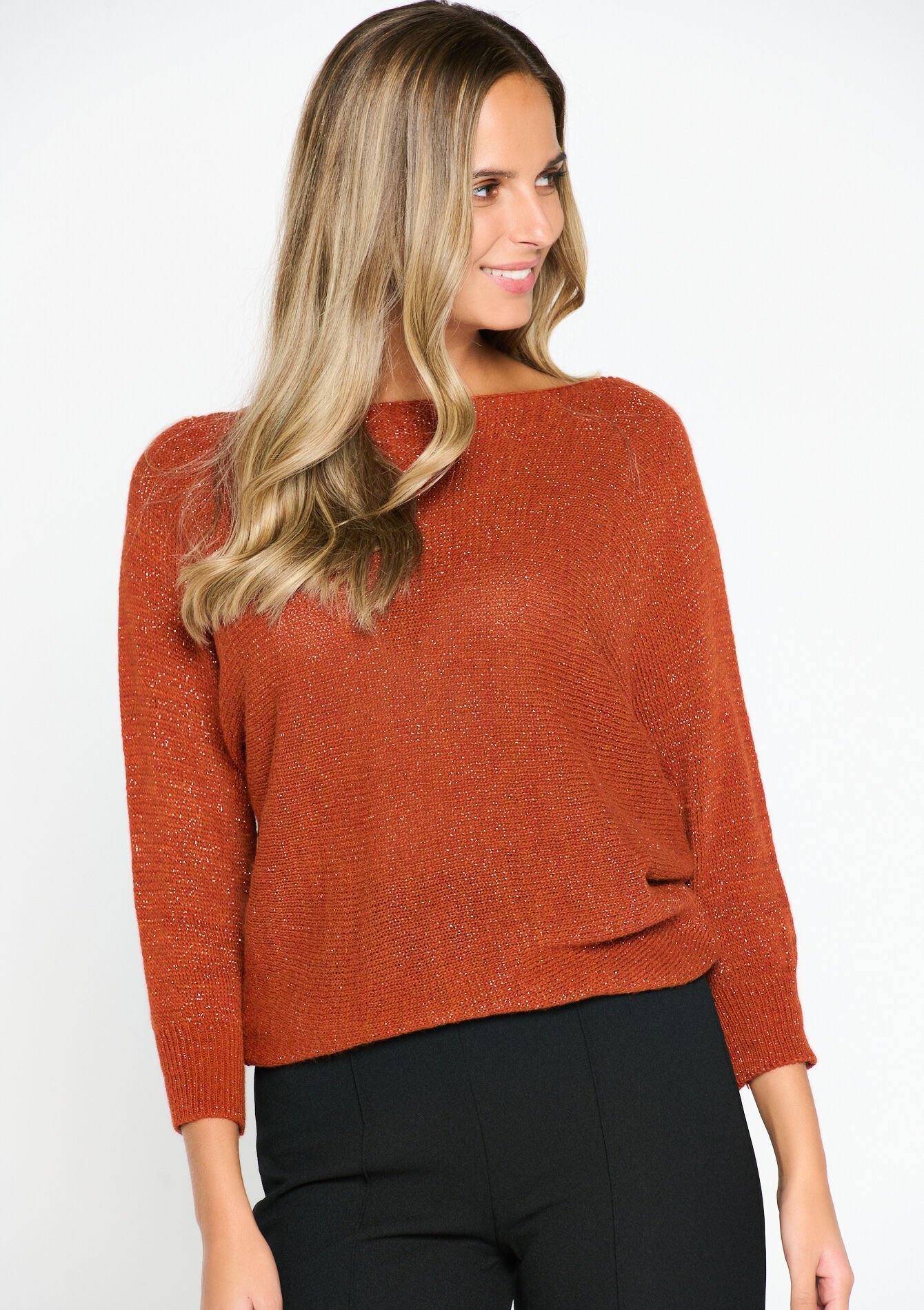 Lurex pullover with batwing sleeves, Lurex pullover with batwing sleeves - BRIQUE ORANGE - 04005984_1272