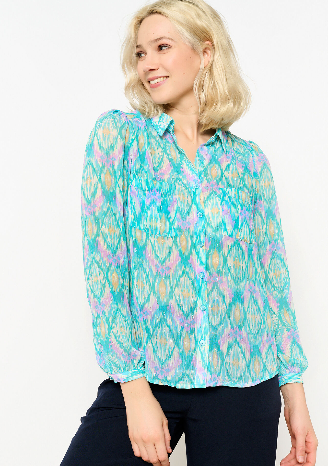 Lurex shirt with ikat print, Lurex shirt with ikat print - BLUE PASTEL - 05702370_3003