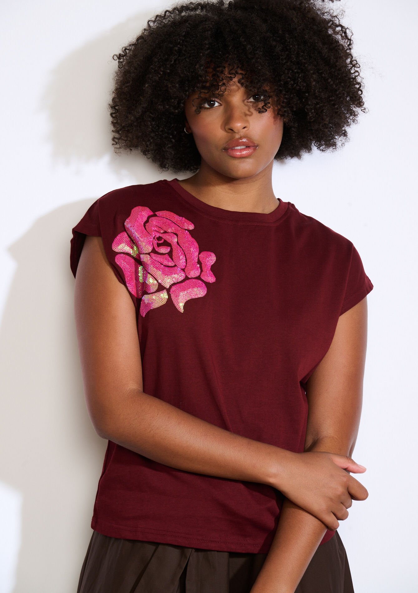 Tee-shirt motif fleur, Tee-shirt motif fleur - AUBERGINE - 02301914_1537