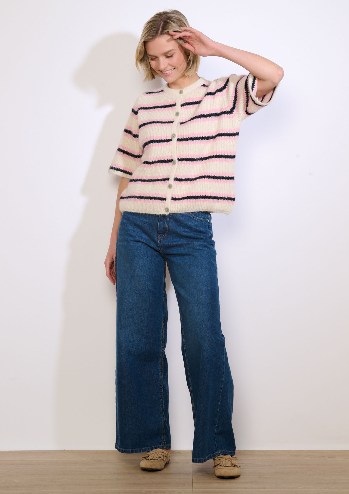 Gestreept vest met korte mouw - VANILLA WHITE - 04101451_1013