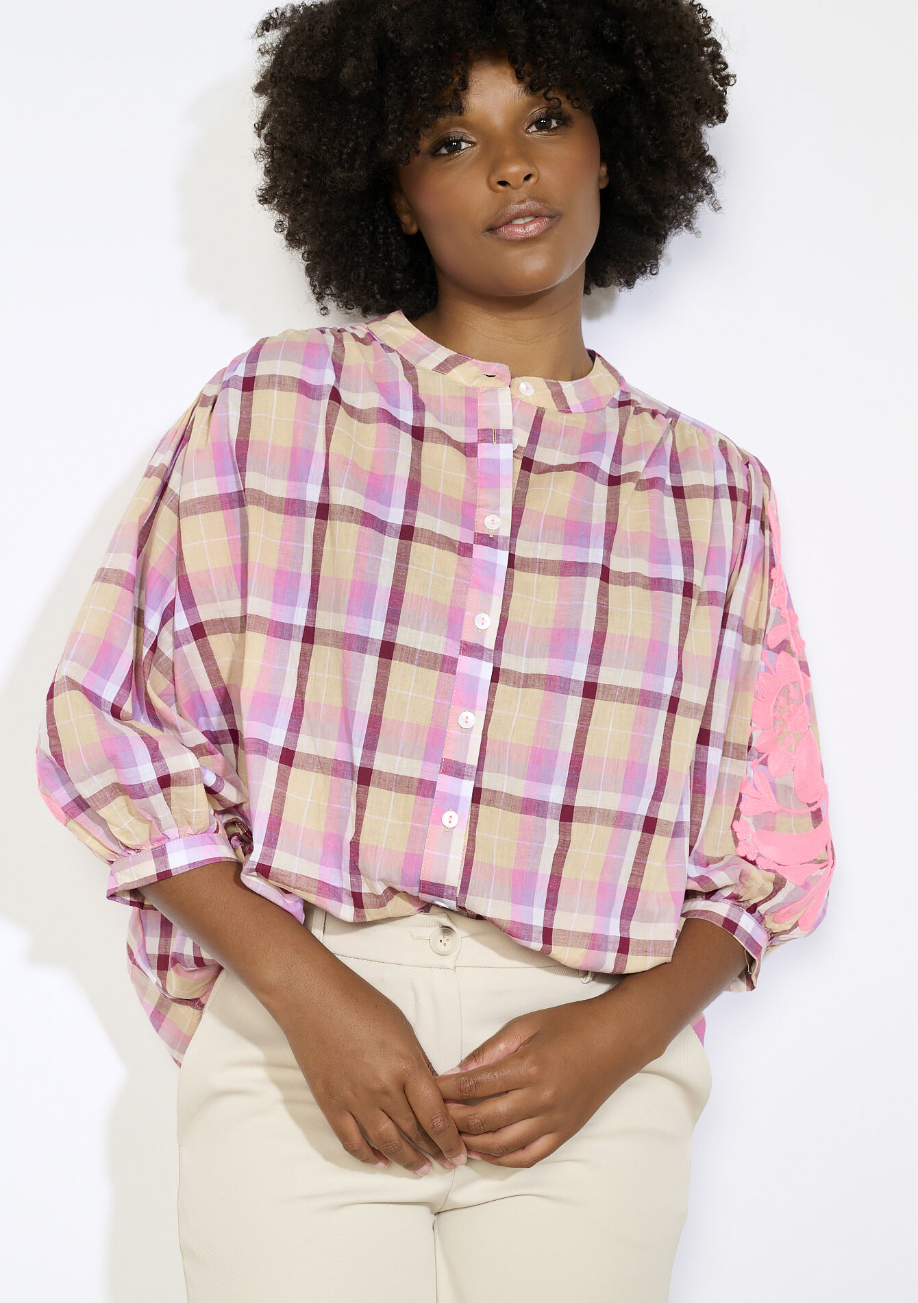 Blouse à carreaux brodée, Blouse à carreaux brodée - VANILLA WHITE - 05702941_1013