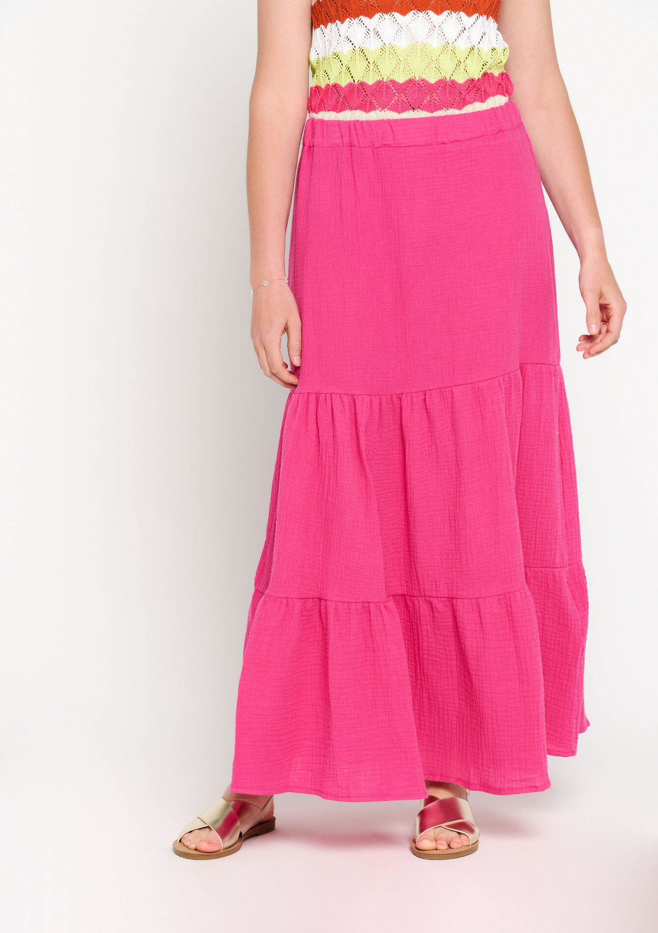 Jupe longue en gaze de coton, Jupe longue en gaze de coton - FUCHSIA PINK - 07101109_2518