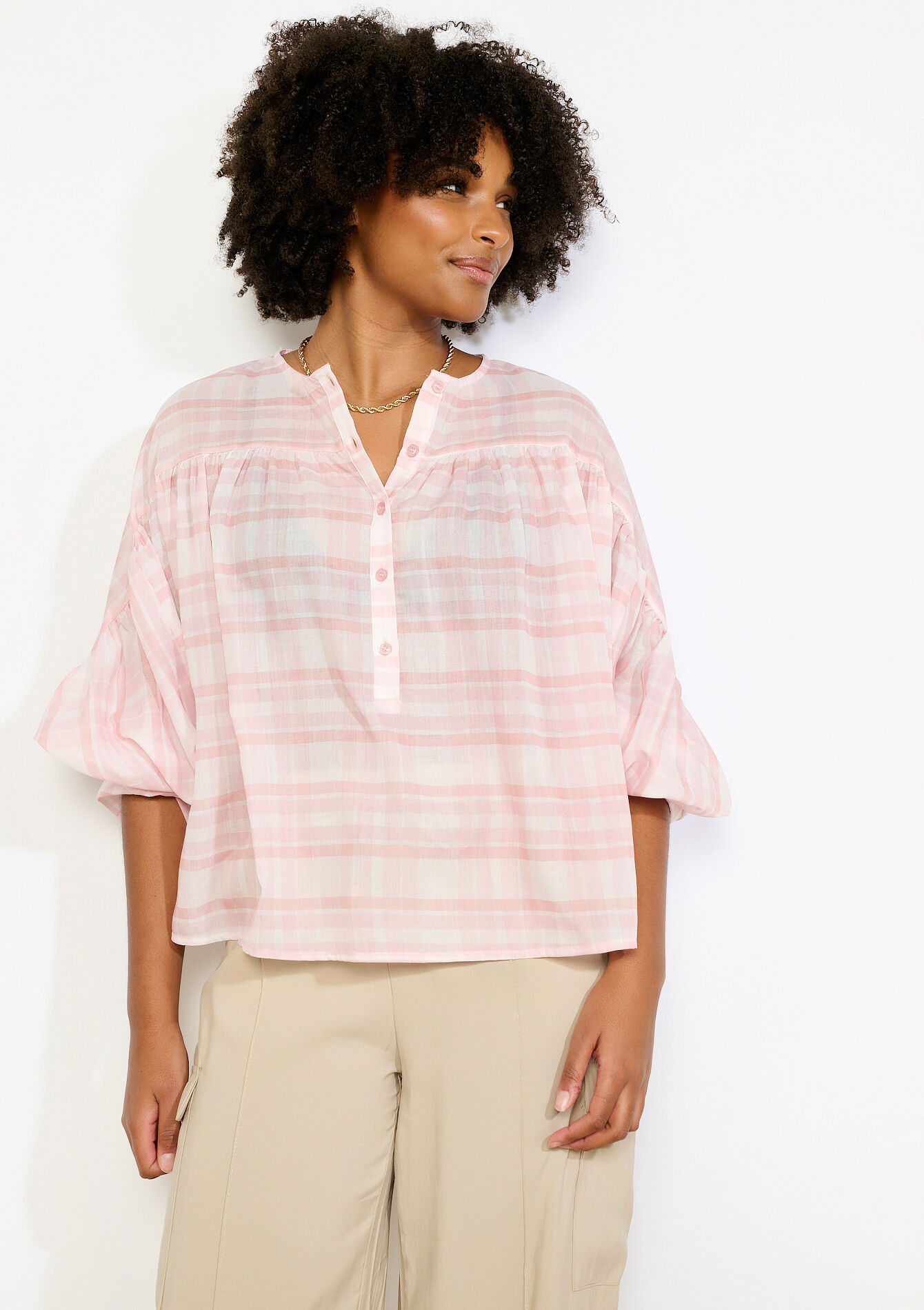 Blouse ample à col tunisien, , hi-res