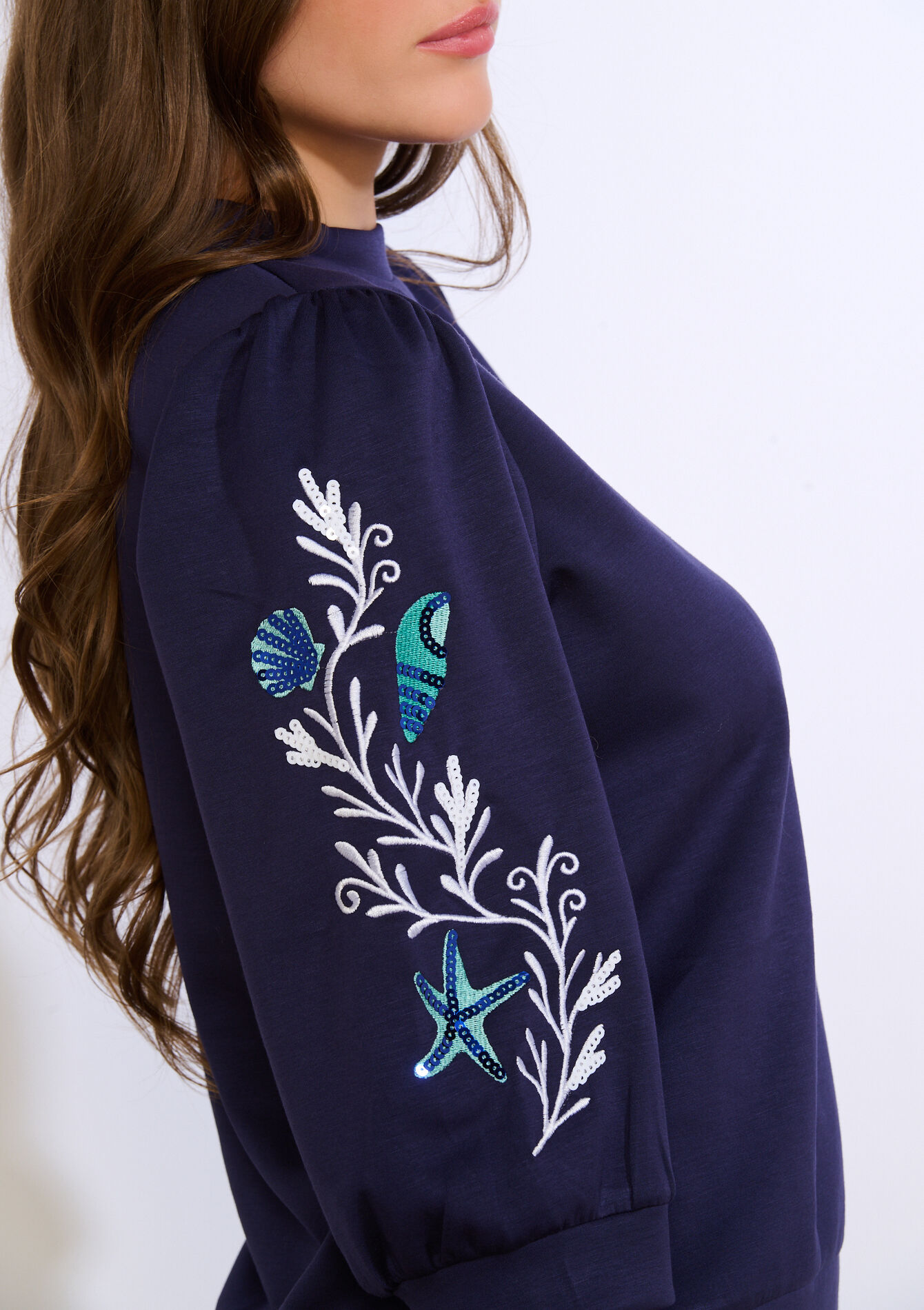 Embroidered puff-sleeve sweatshirt, Embroidered puff-sleeve sweatshirt - NAVY BLUE - 03001839_1651