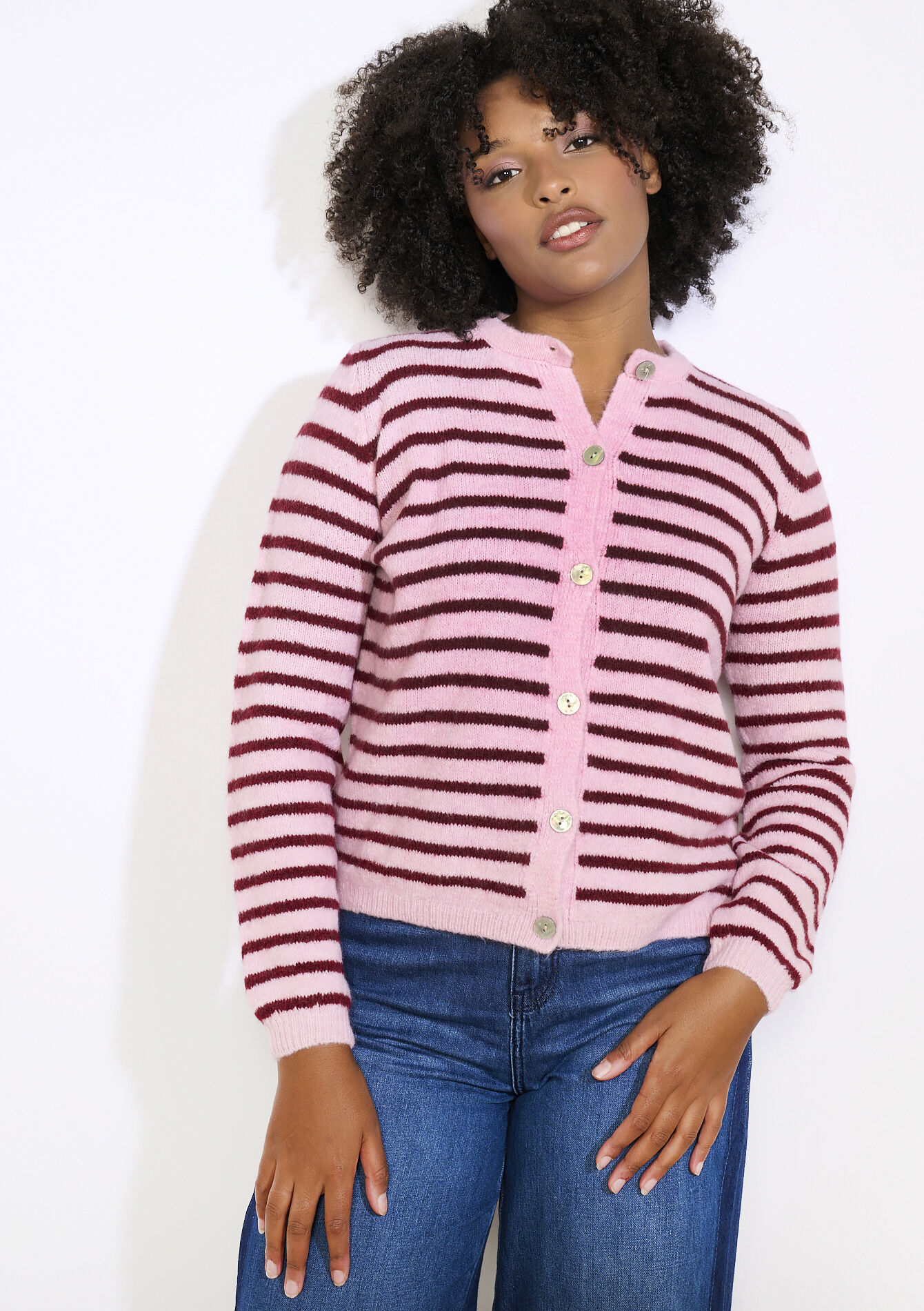 Soft striped cardigan, Soft striped cardigan - BORDEAU WINE - 04101393_1467