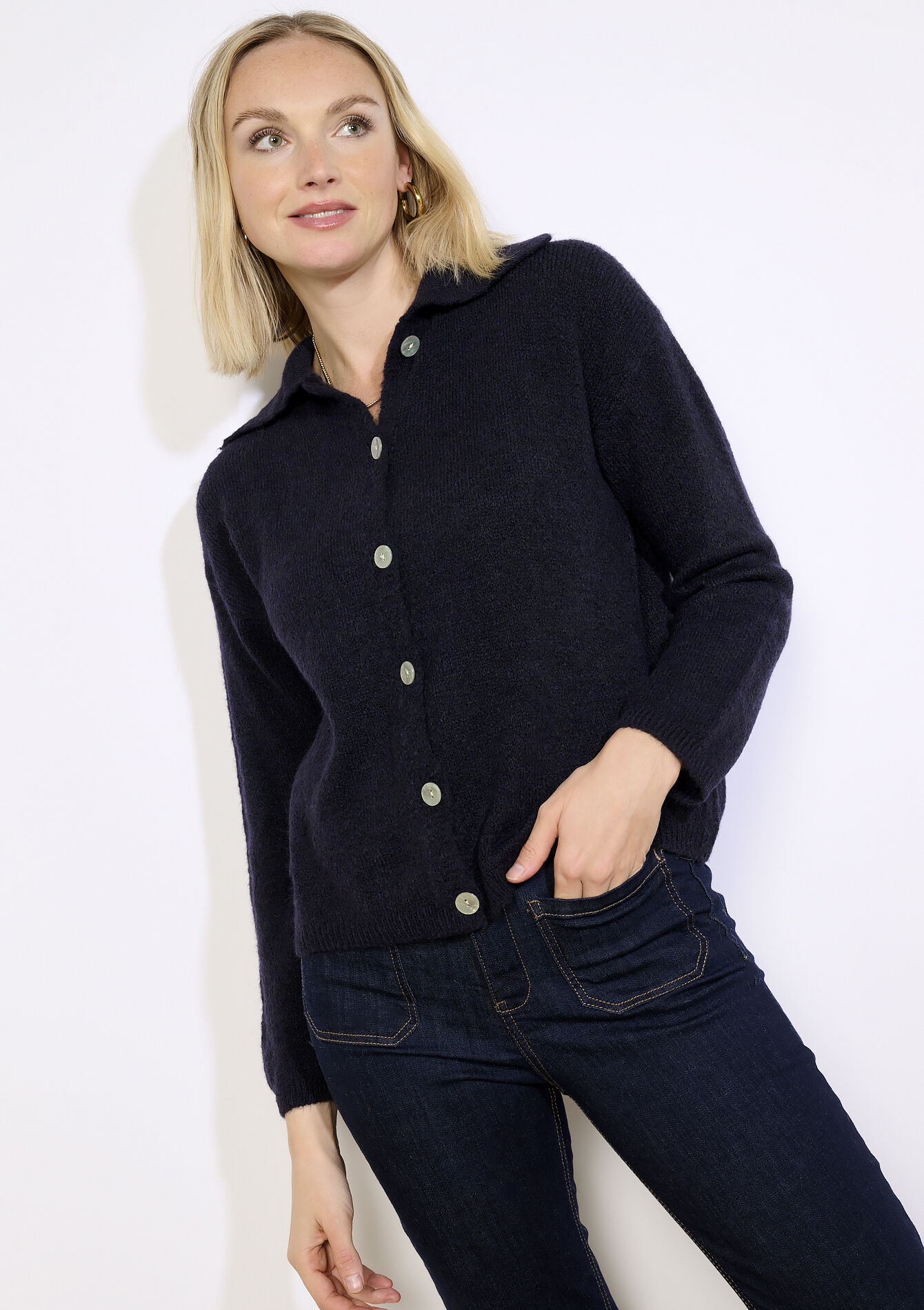 Polo collar knit cardigan, Polo collar knit cardigan - NAVY BASIC - 04101403_2723