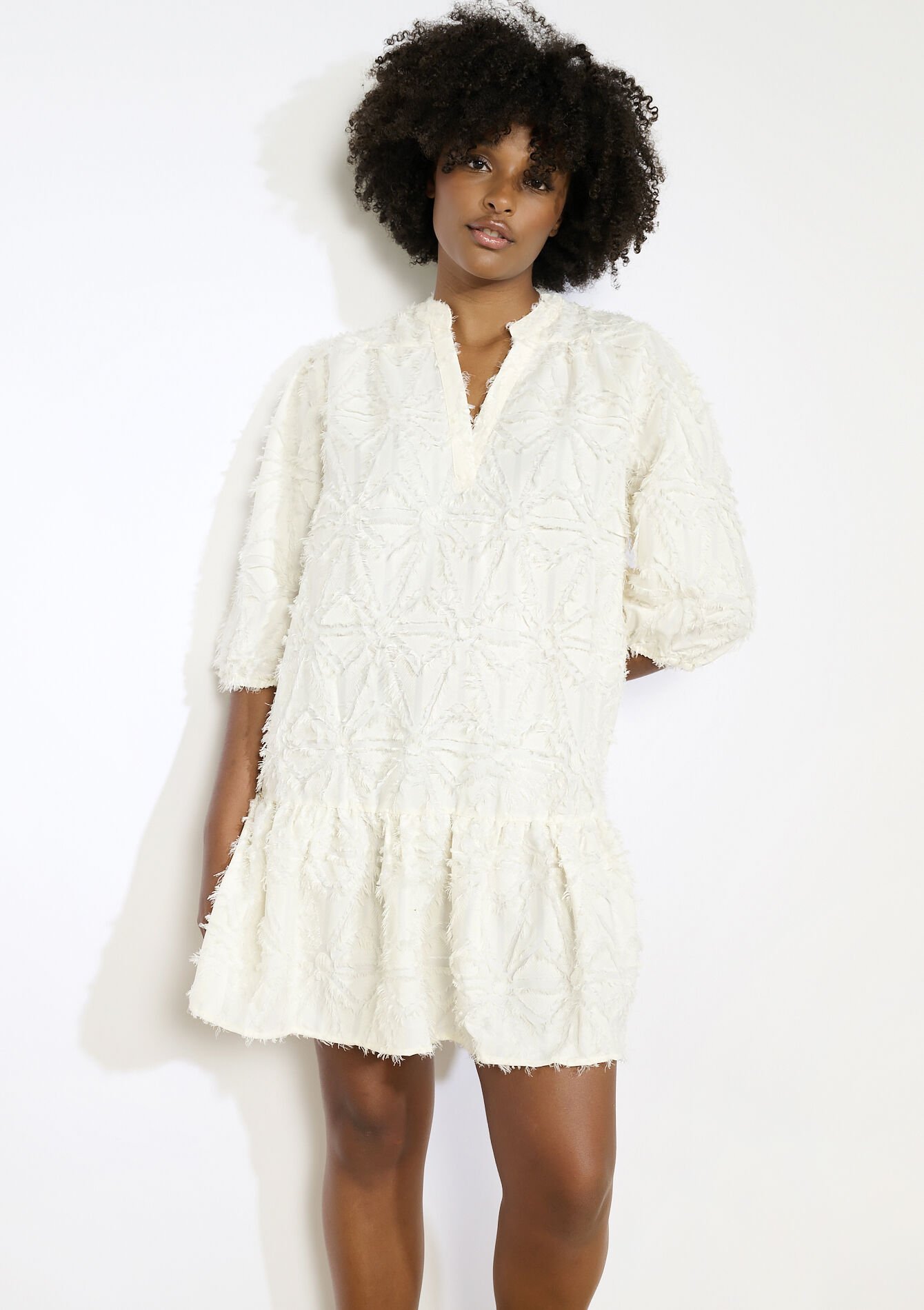 Robe en jacquard à manches bouffantes - VANILLA WHITE - 08104160_1013