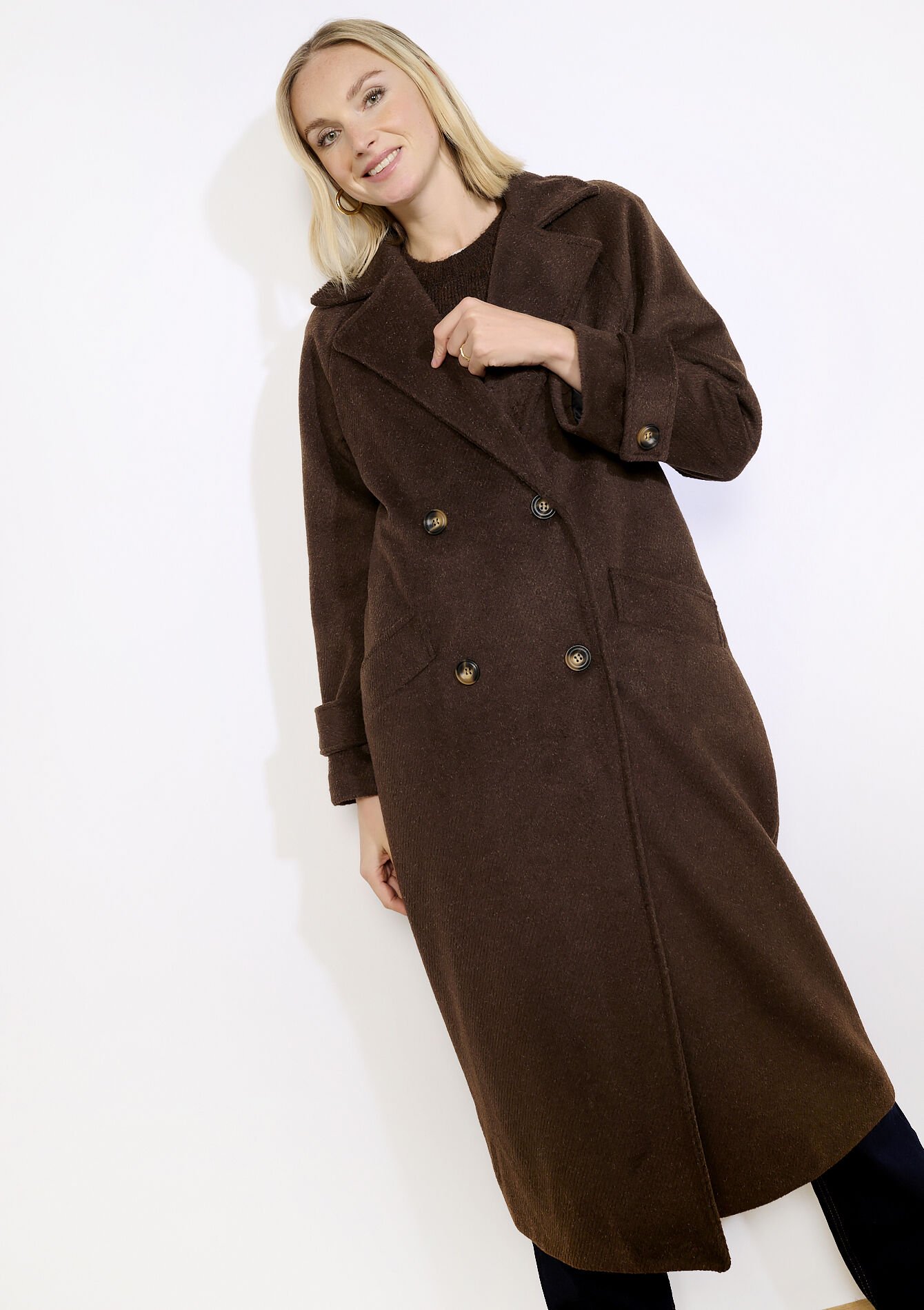 Manteau long à double boutonnage, Manteau long à double boutonnage - BROWN DARK CHOCOLATE - 23000808_3720