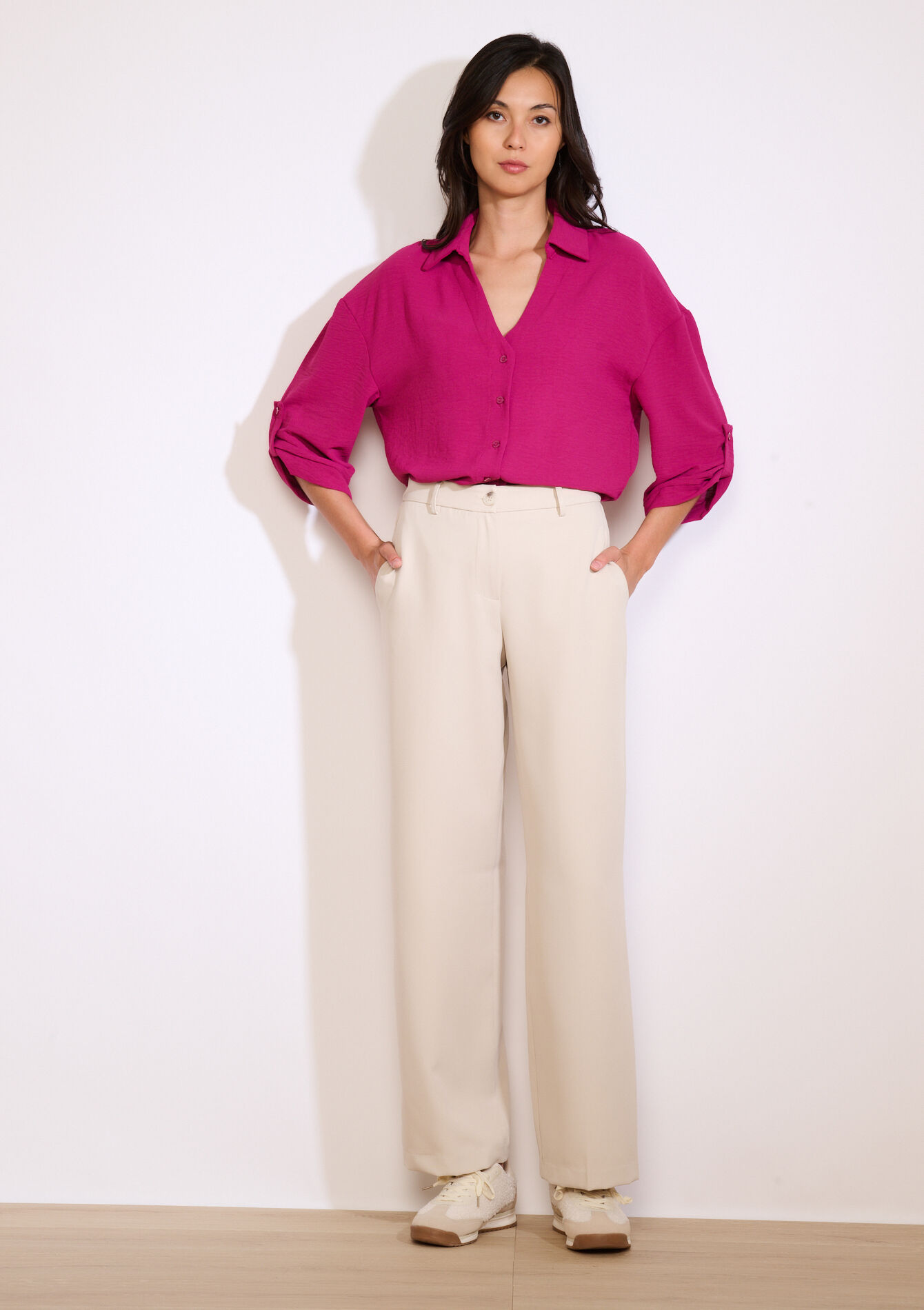 Wijde broek in twill - VANILLA WHITE - 06601045_1013