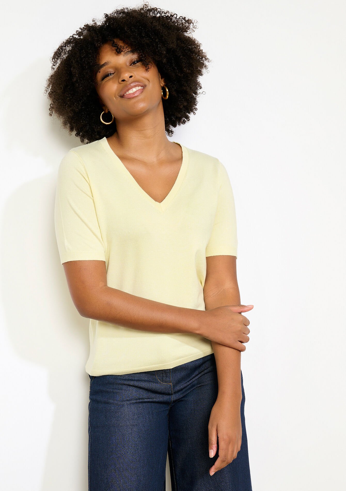 Korte mouwen V-hals top - YELLOW PASTEL - 04007025_5004