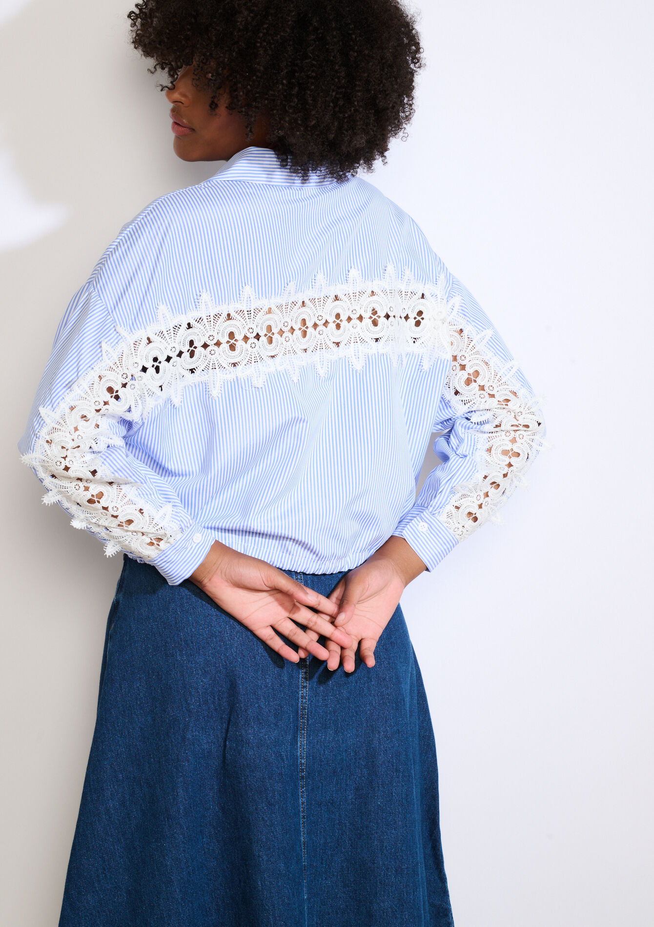 Chemise à empiècements brodés, Chemise à empiècements brodés - BLUE PASTEL - 05702925_3003