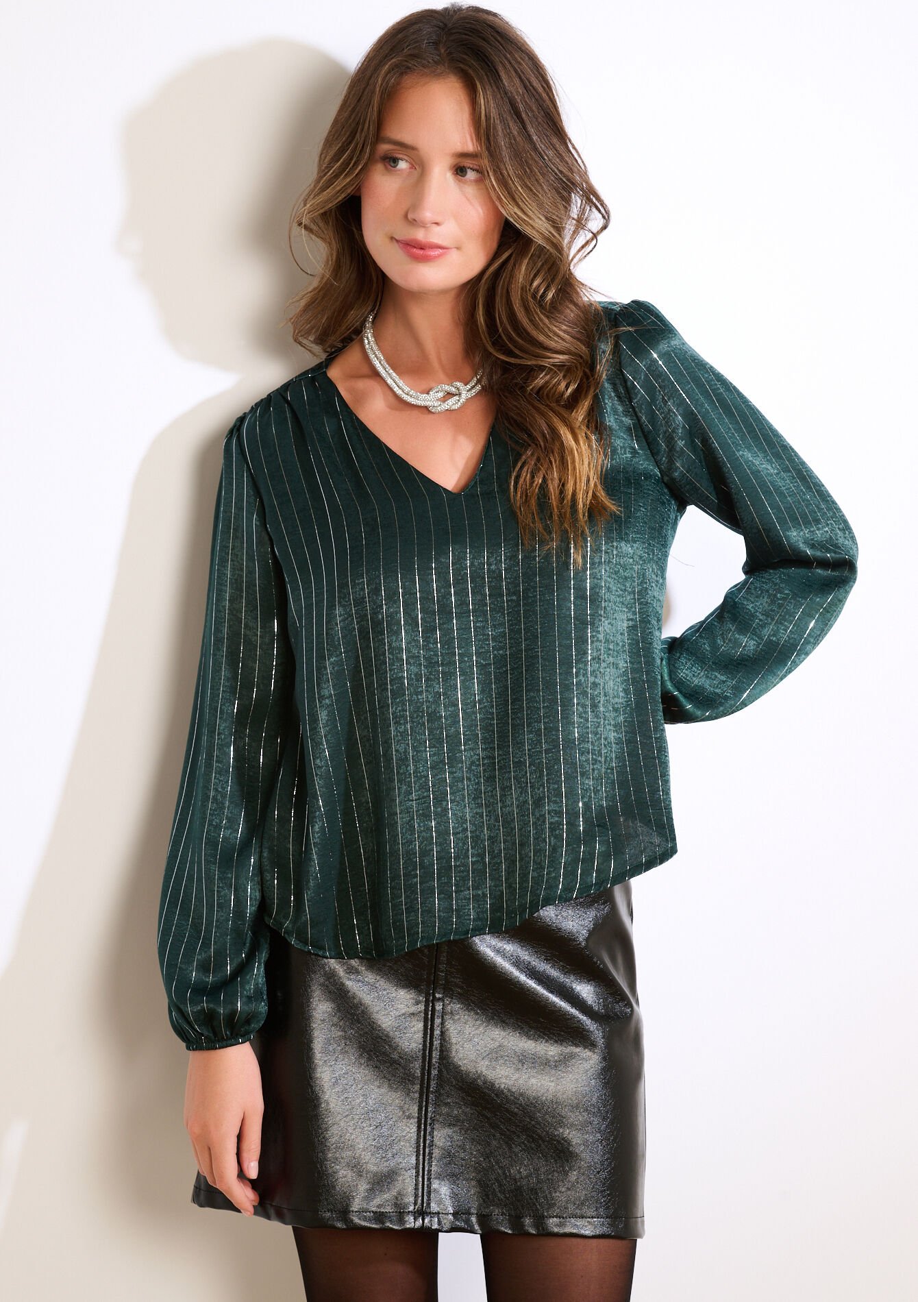 Blouse satinée à rayures lurex, Blouse satinée à rayures lurex - BOTTLE GREEN - 05703004_1778